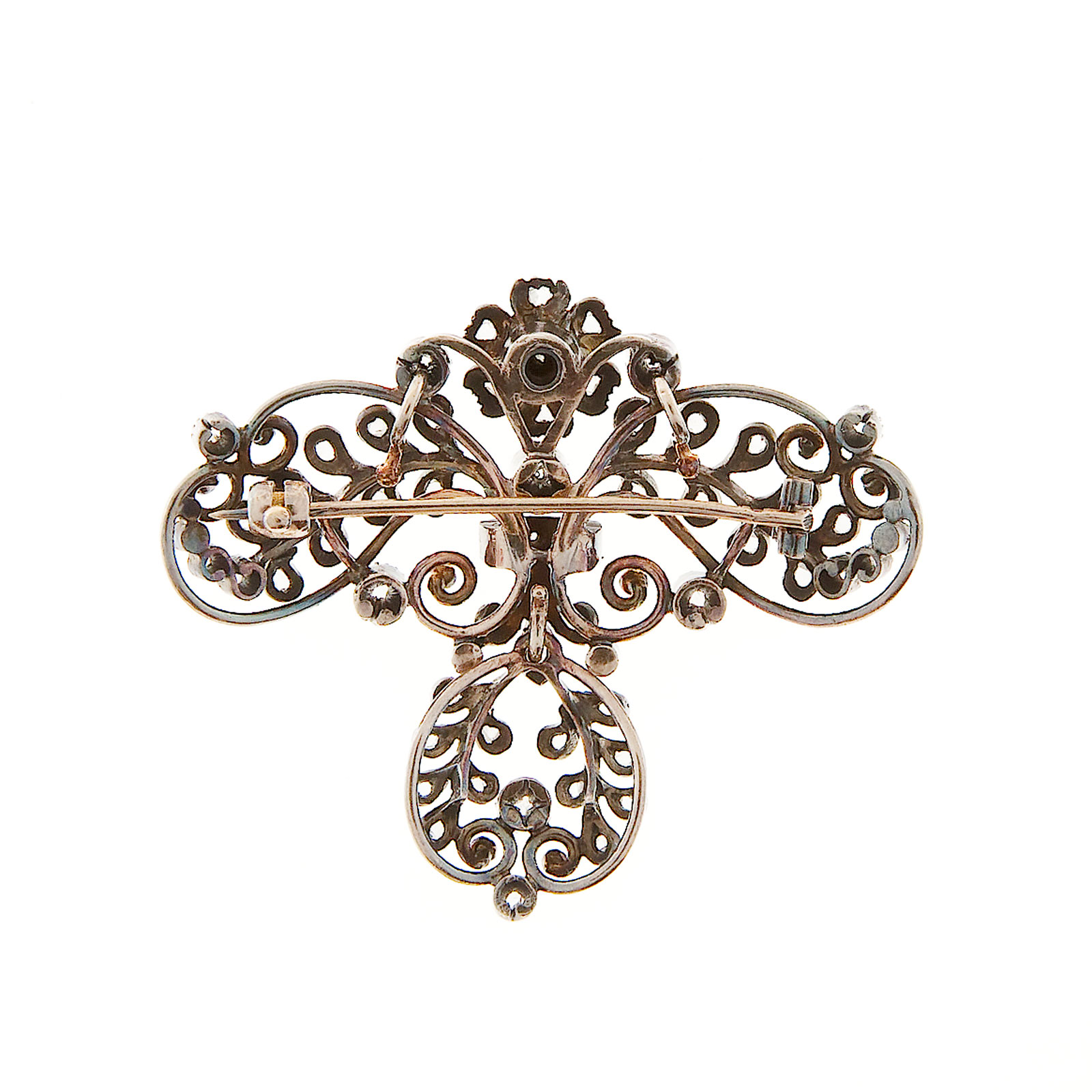  14k Yellow Gold  Silver Dark Patina 41 Rose Cut Diamond Dangle Vintage Pin