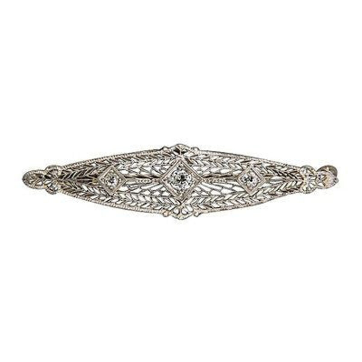 Vintage European Cut Diamond .37 Ct 14K Gold Art Deco Filigree Pin Chantanelle