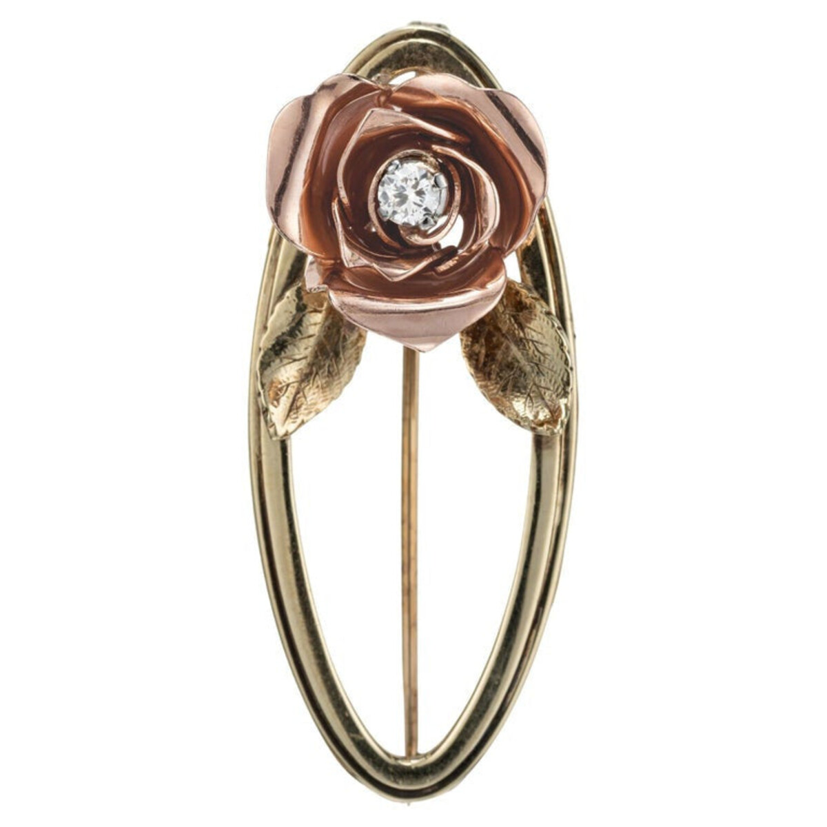 1940 - 1950 Retro 14K Krementz Pink Green Gold Rose Flower and Leaf Diamond Pin