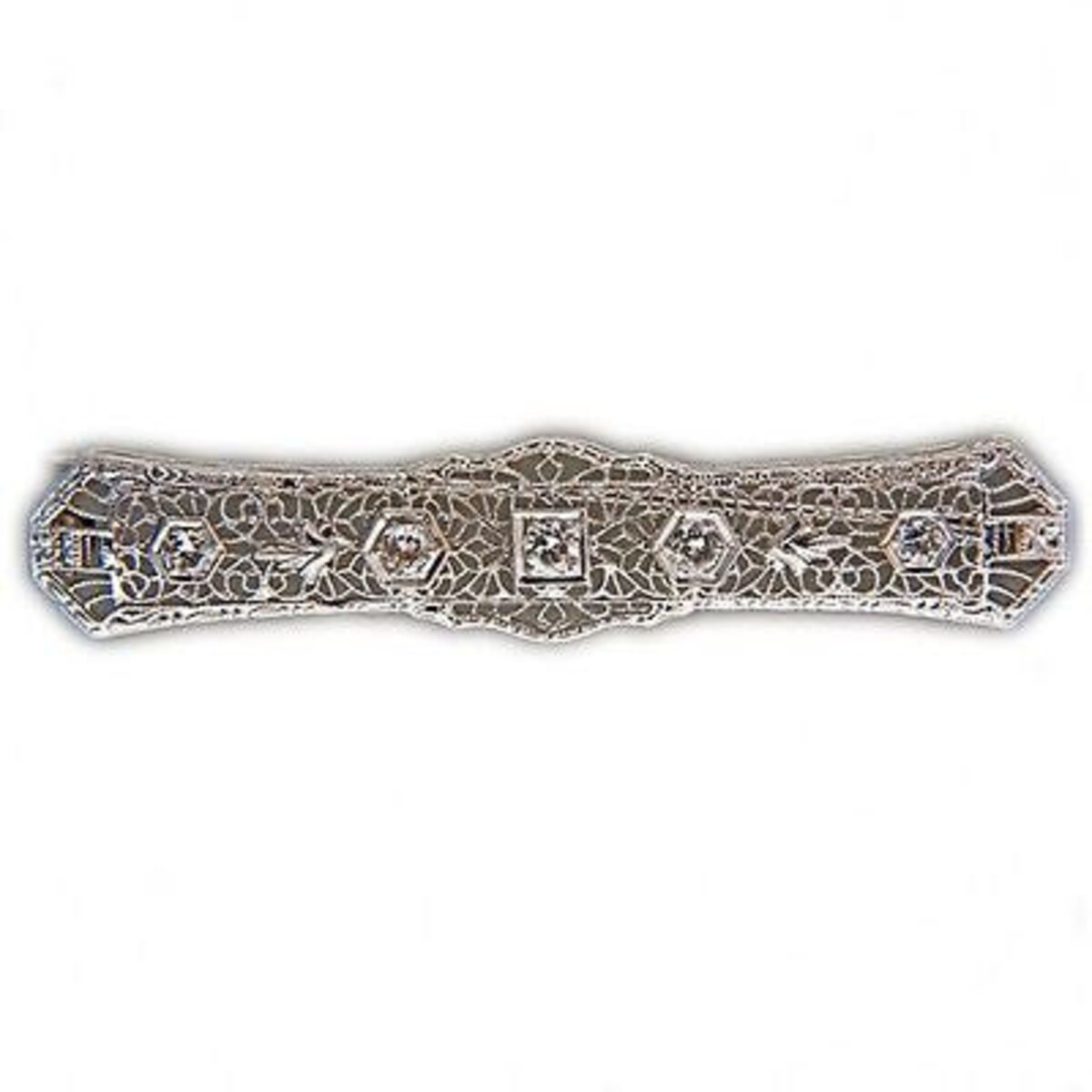 Vintage Estate 5 Full Cut Diamond .30 Ct 14K White Gold Filigree Style Bar Pin