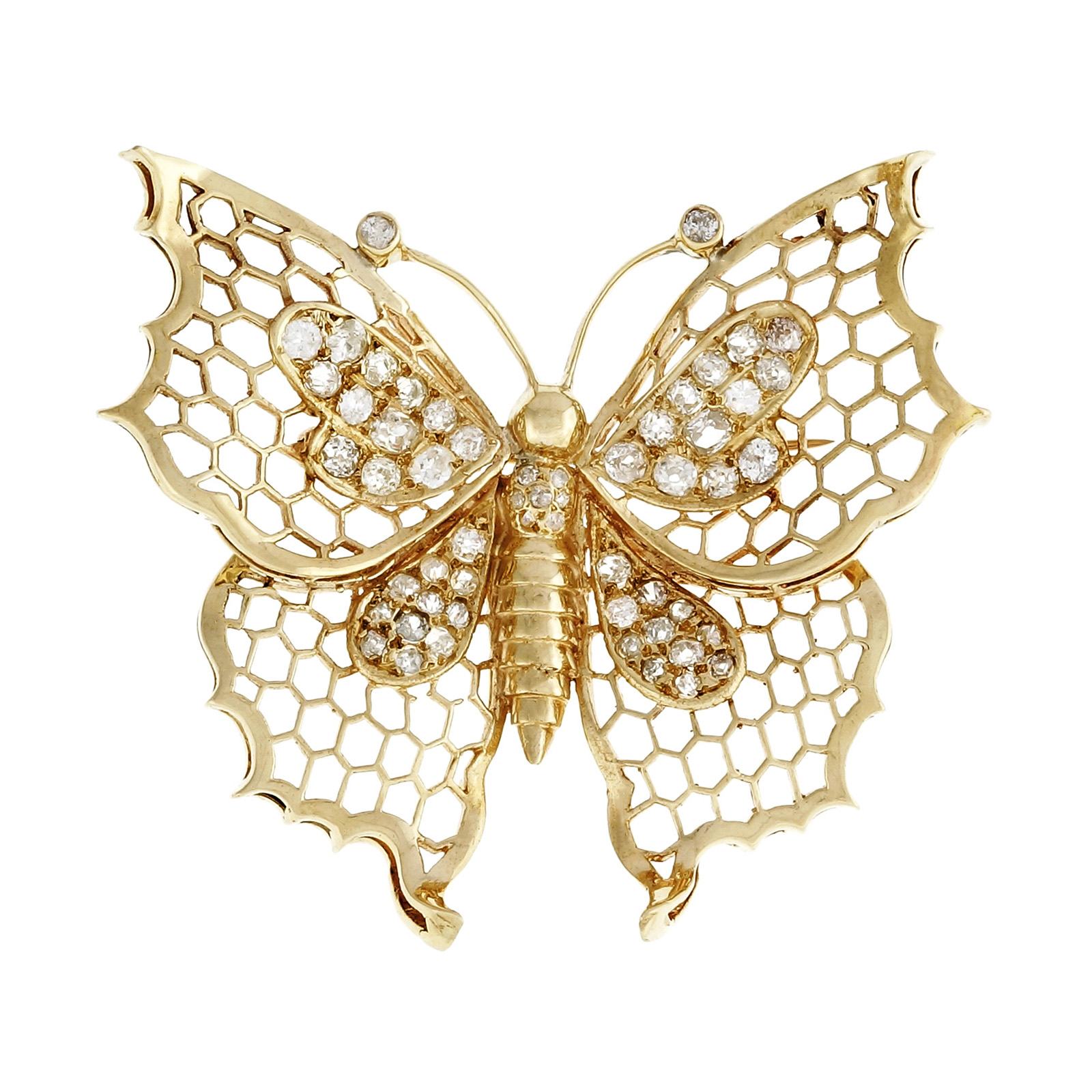 14k Yellow Gold Butterfly Diamond Vintage Pin 1930s 