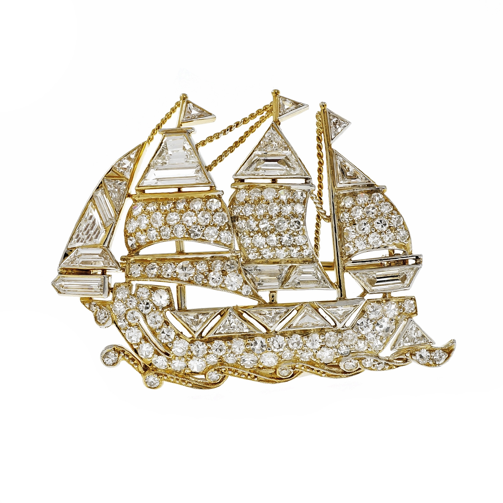 18k Yellow Gold Platinum Round Cut Diamonds Vintage Ship Pin 