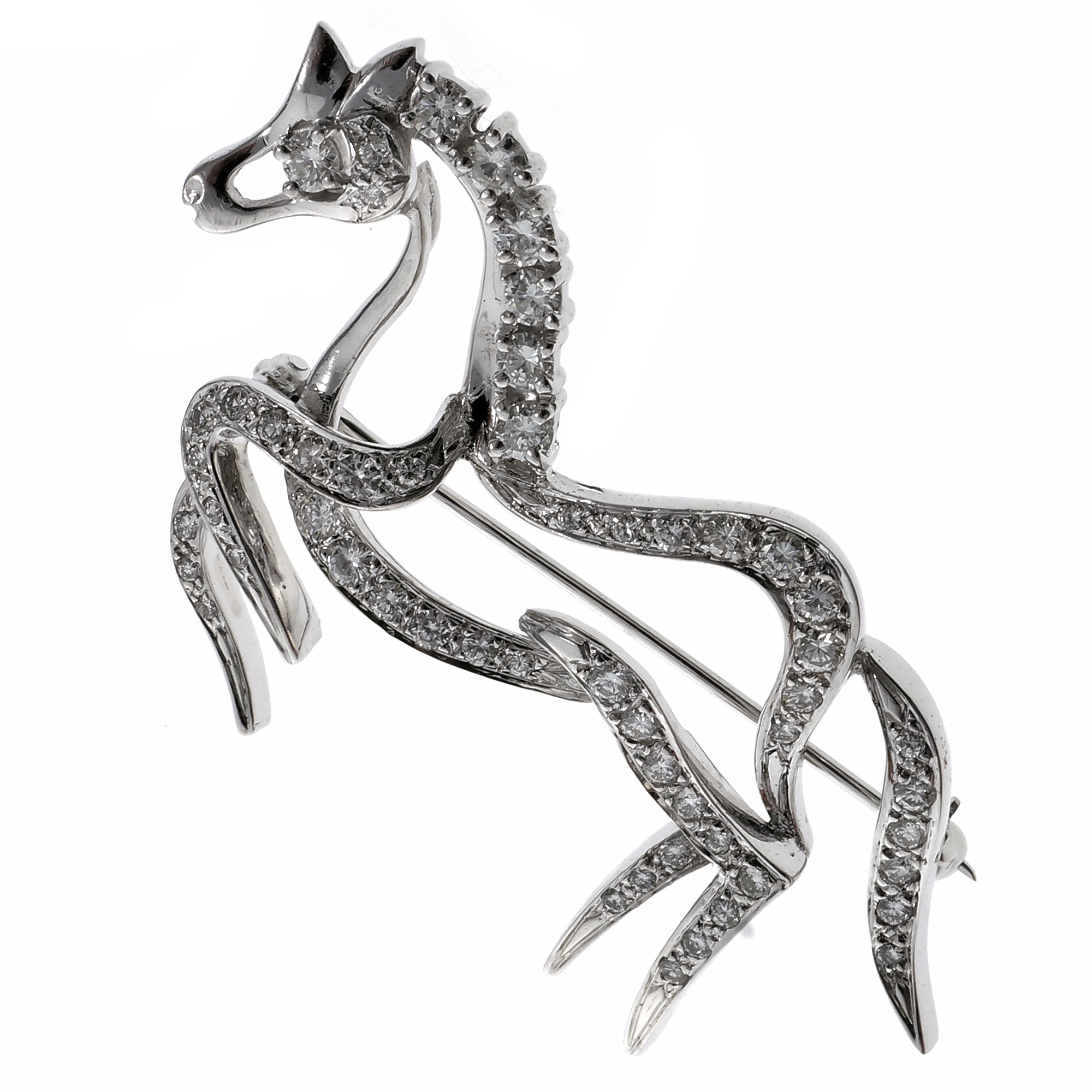 18k White Gold Vintage Prancing Diamond Horse Pin 