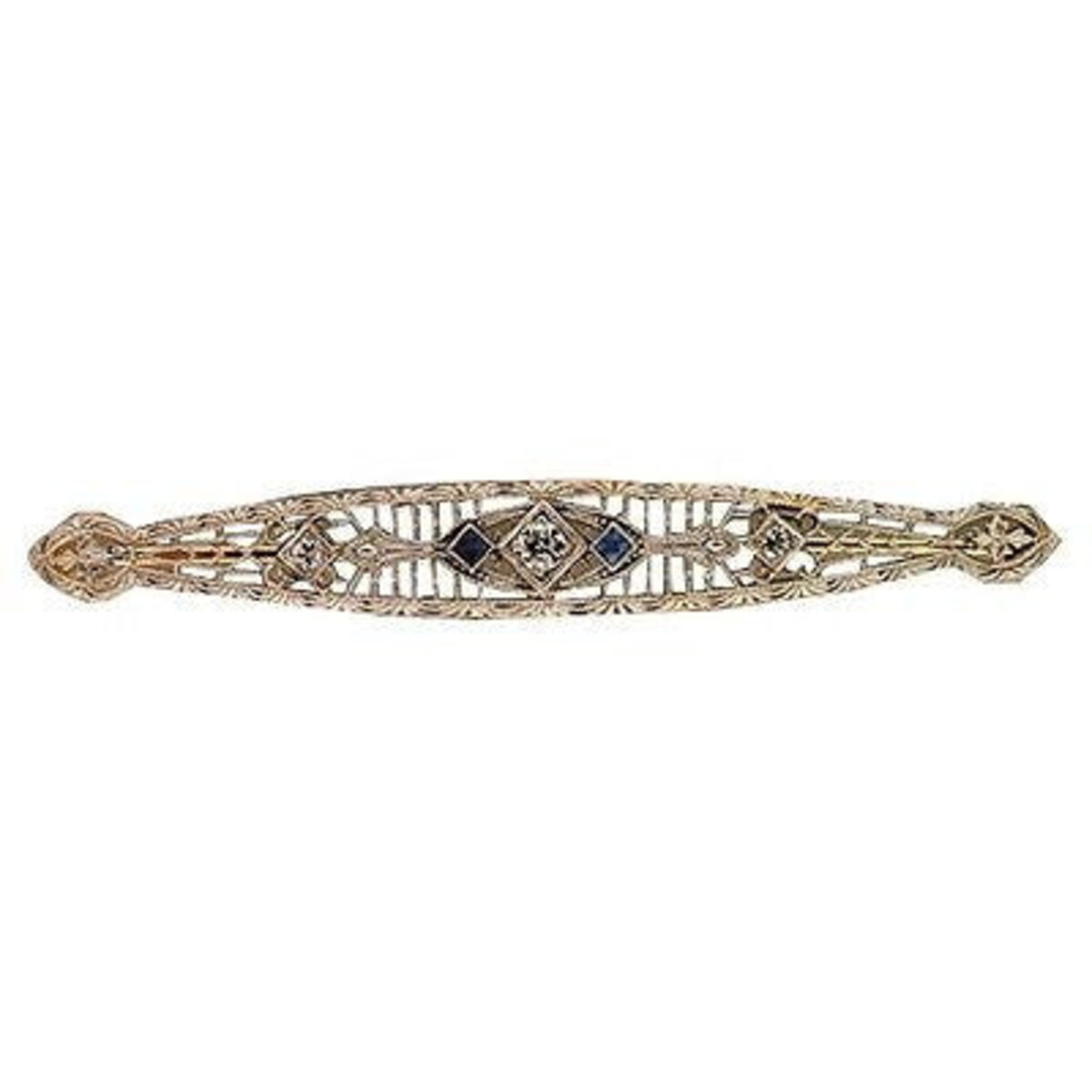 Vintage 1930s Art Deco Pierced Platinum Diamond Sapphire Bar Pin 14K Gold Stem