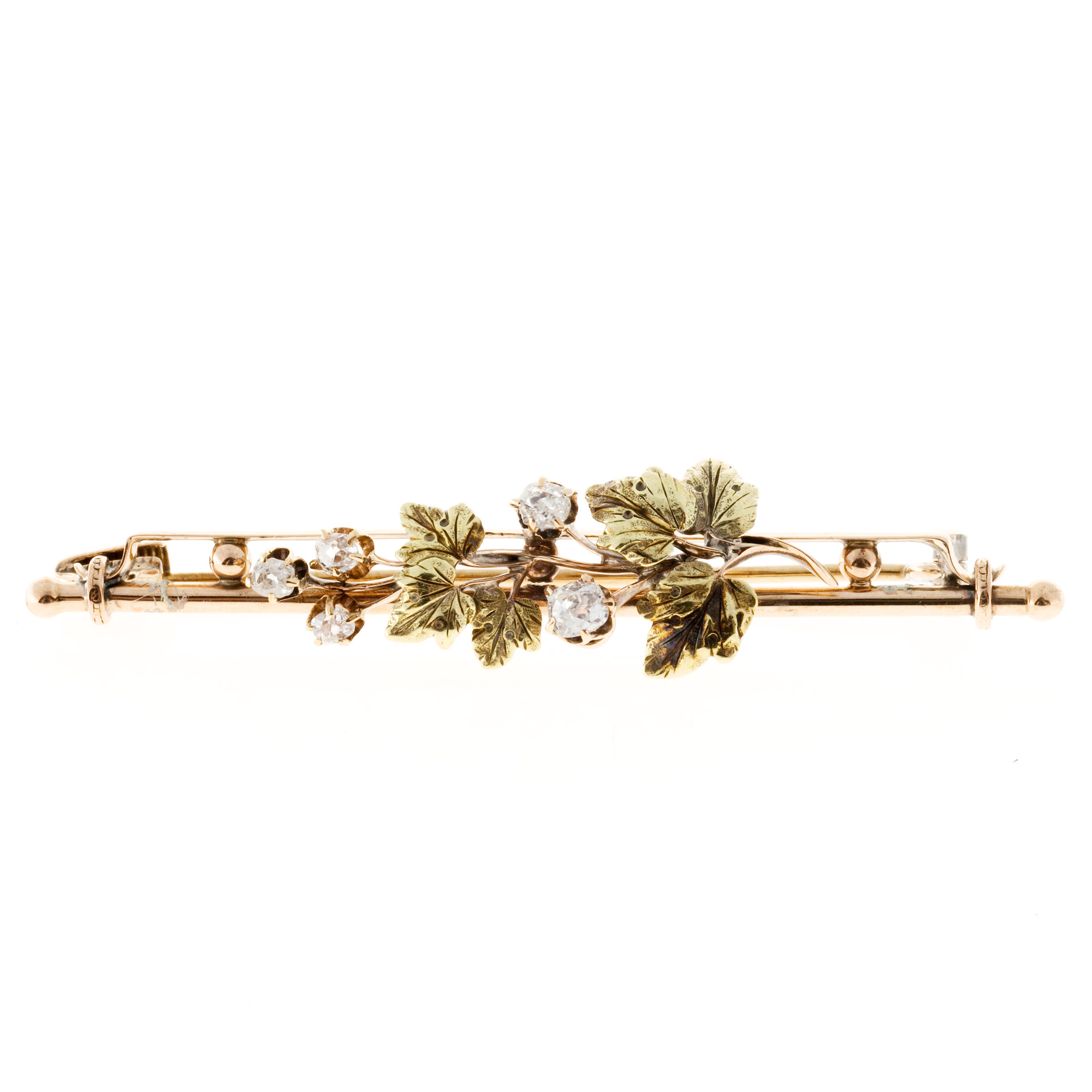 14k Rose and Green Gold Flower Old Mine Cushion Cut Diamond Pin 1830s