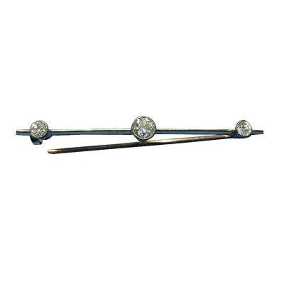 Estate 1890'S 9K Yellow Gold 3 Diamond .40 Ct Bar Pin Old Style Hook Catch