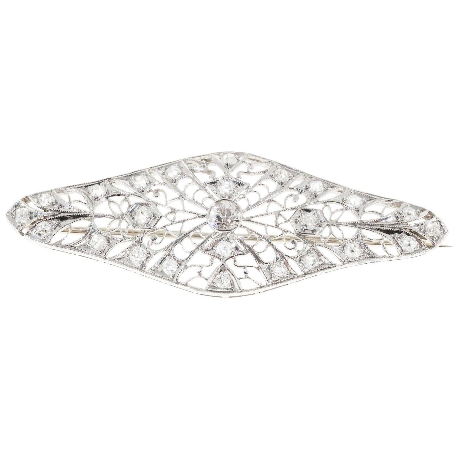 Platinum Art Deco Old Mine Diamond Open Work Filigree Vintage Pin