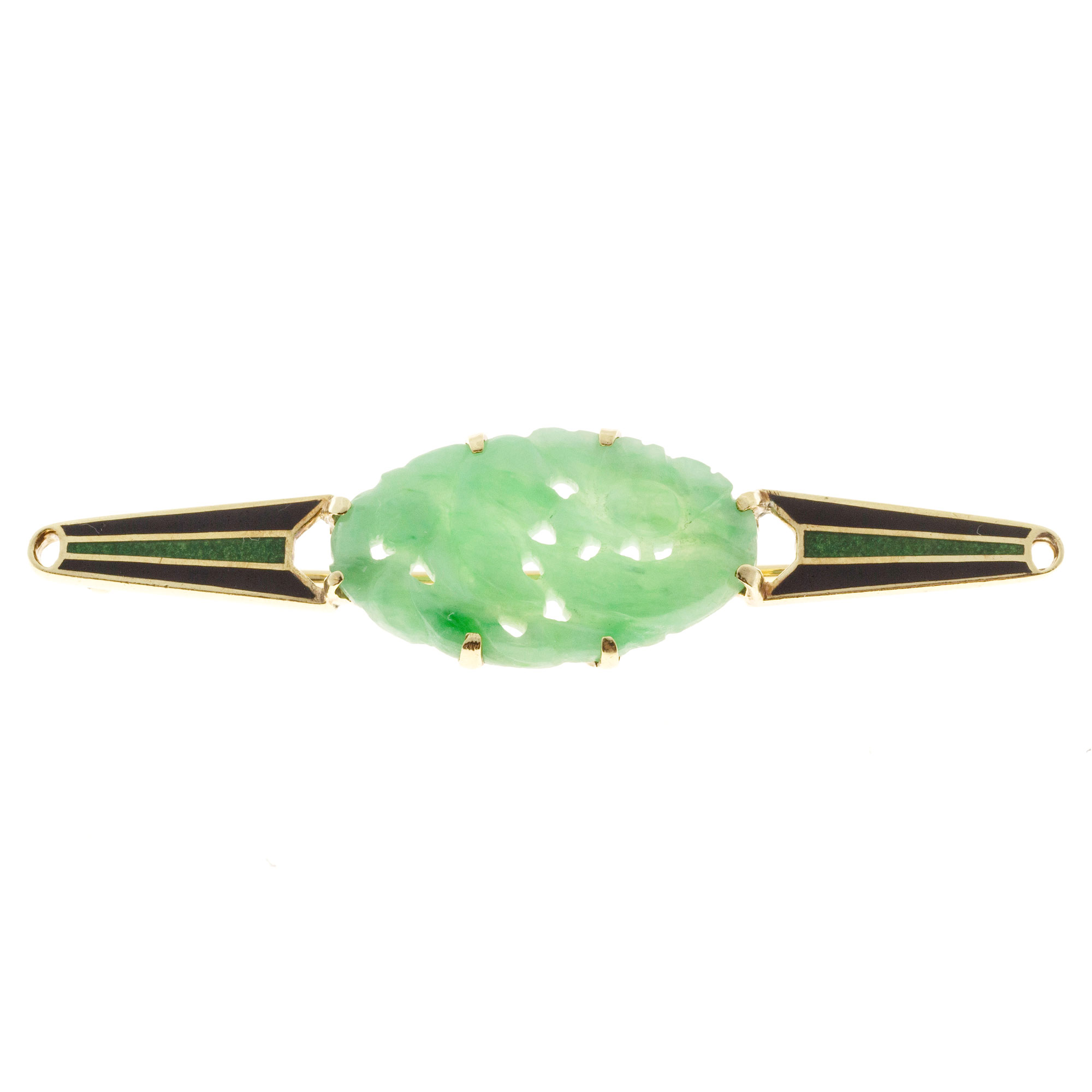 14k Yellow Gold Art Deco Carved Jadeite Jade Blue Green Enamel Pin