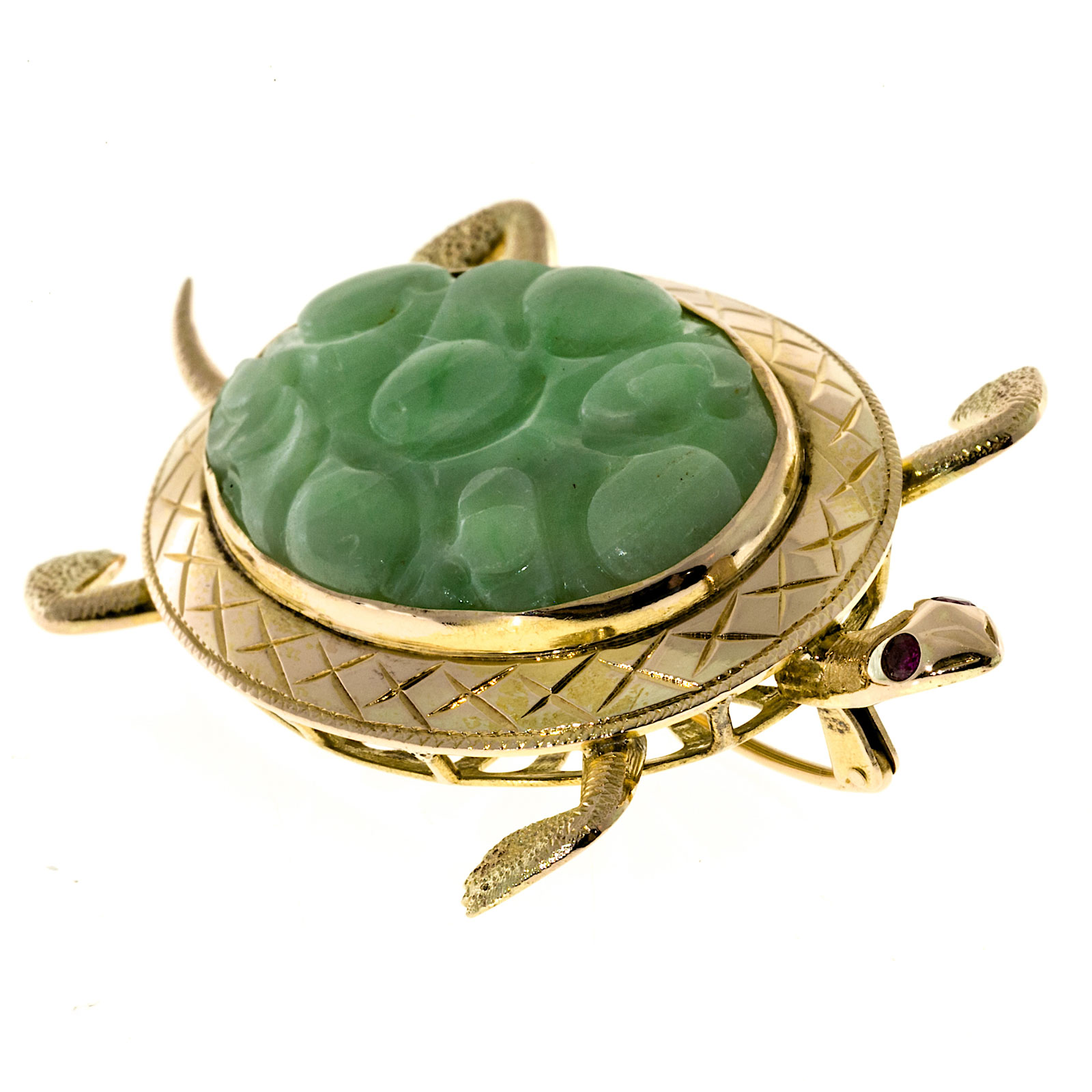 14k Yellow Gold Jadeite Jade Turtle Vintage Pin 1940s