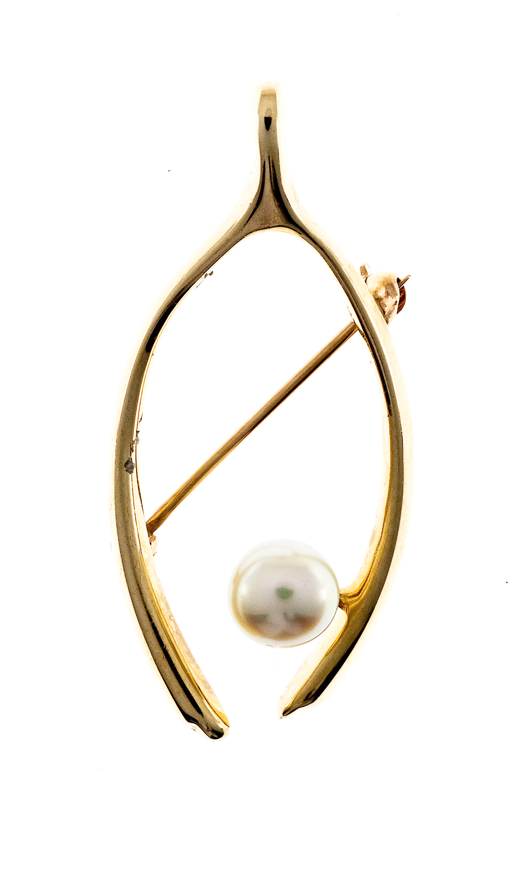 Tiffany  Co. 14K Yellow Gold with Akoya Pearl Wish Bone Fine High Luster Pin Brooch