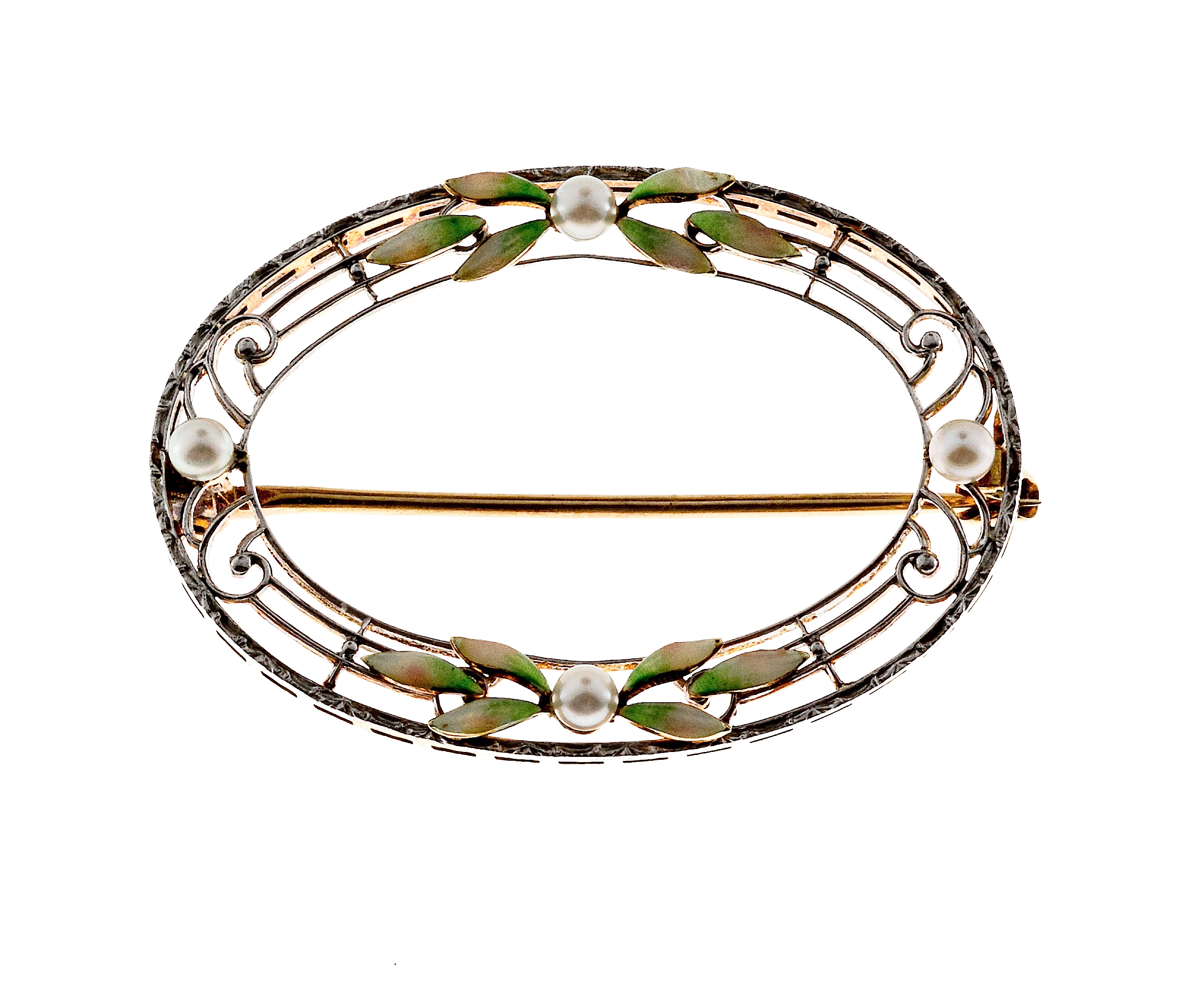 Vintage Platinum Top Open Work Natural Akoya Pearl Green Enamel Flowers Pin
