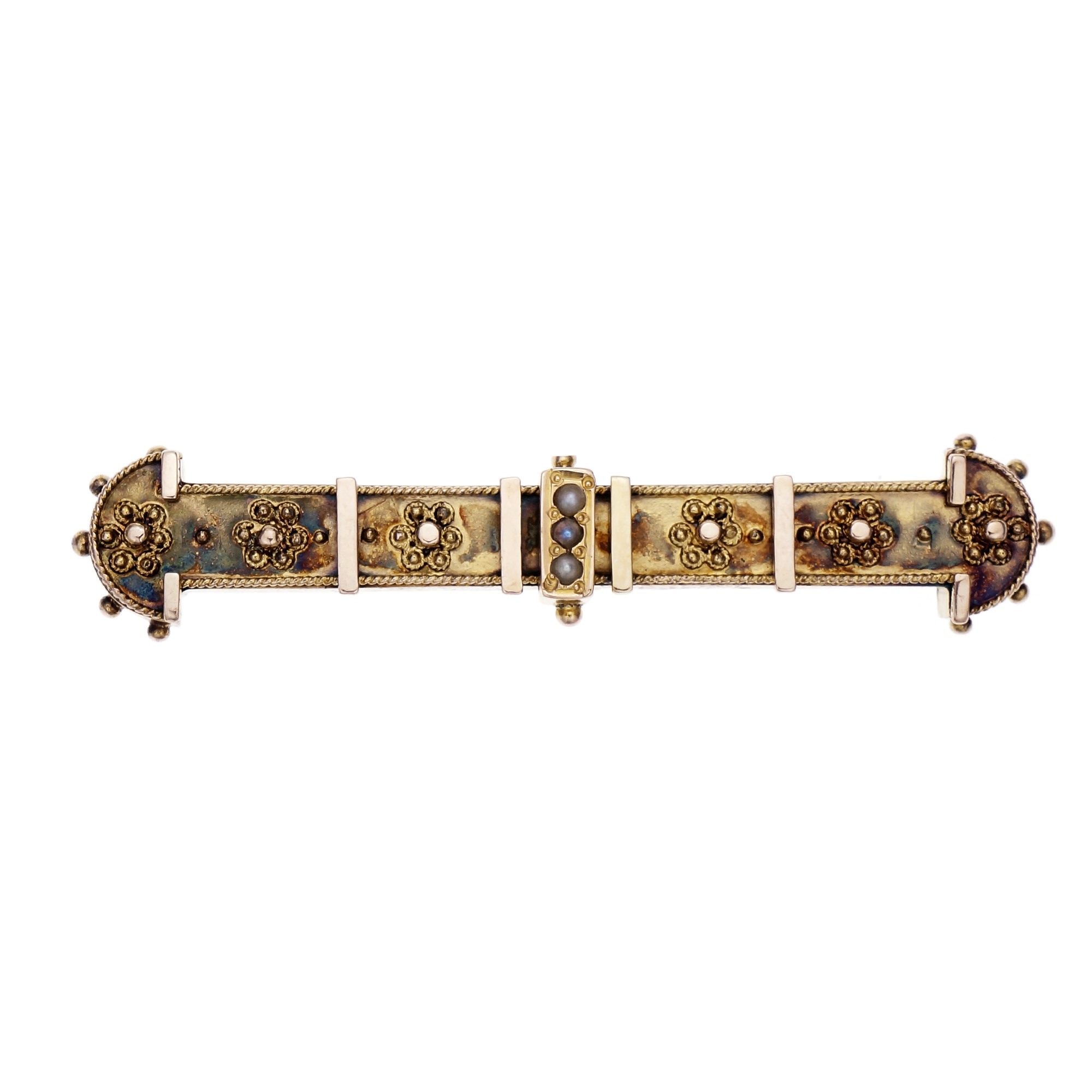 Victorian Bar Pin Natural Pearls Granulation 12k Gold 
