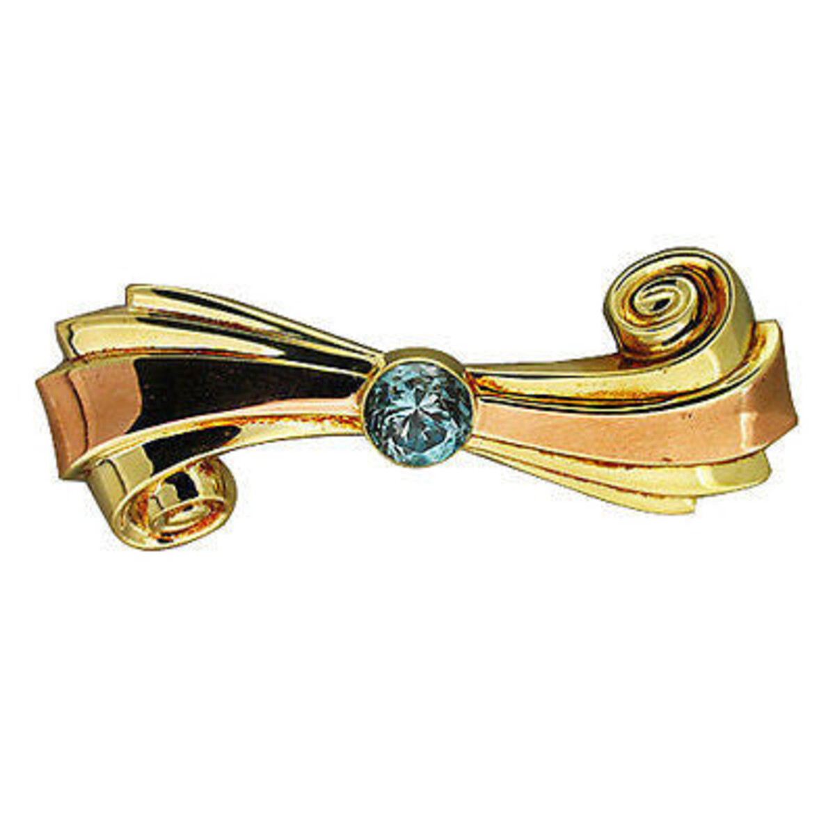 1935-1940 Retro Bright Round Blue Zircon Pink & Green Gold Swirl Ribbon Pin