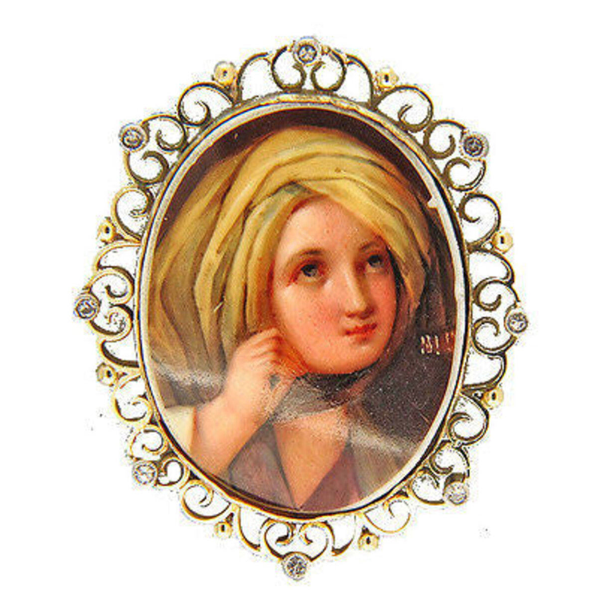 Vintage English 15k Scroll Frame Porcelain Enamel Woman's Portrait Pin Pendant