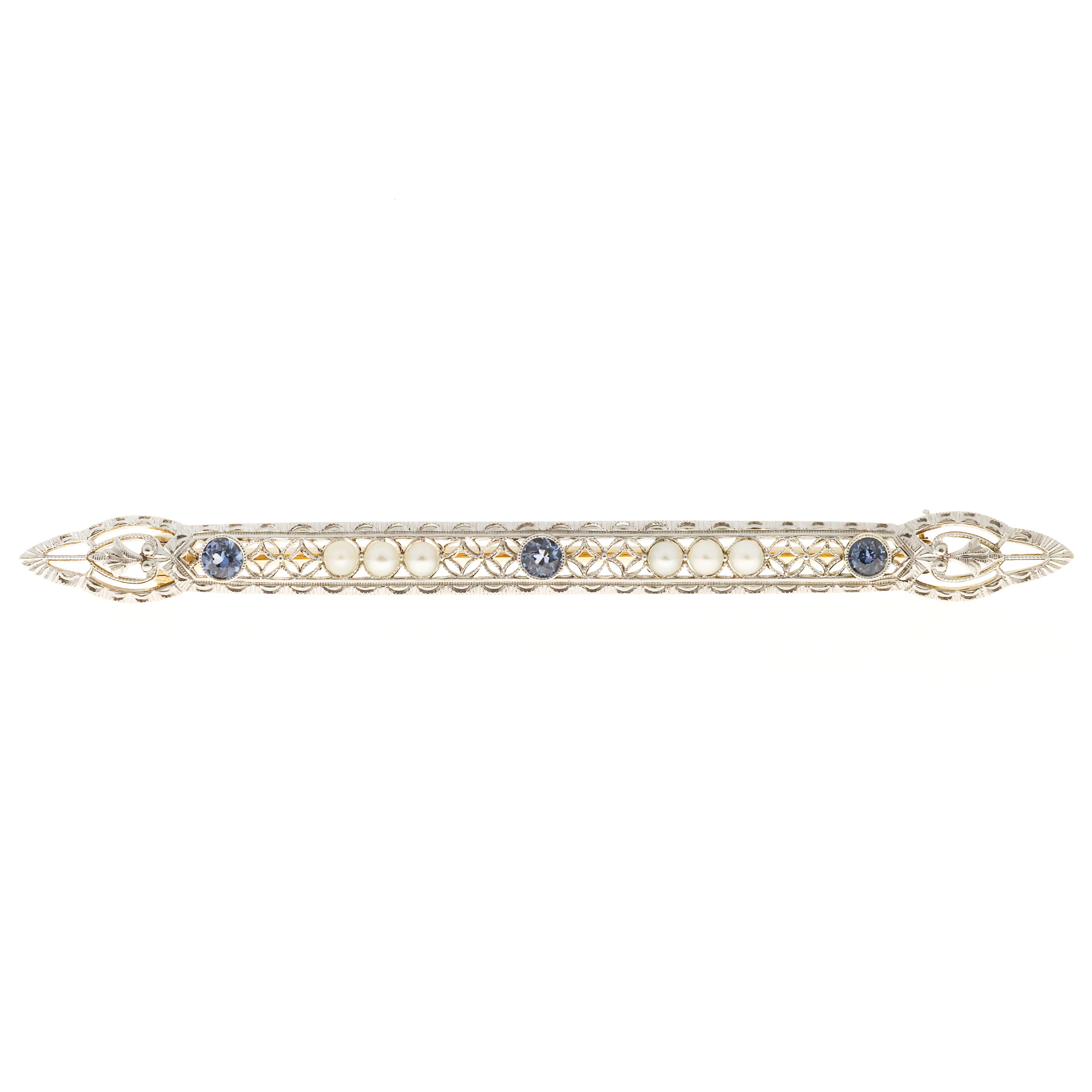 Vintage 1900s Yogo Montana No Heat Sapphire Pearl 14k Yellow Gold Platinum Pin