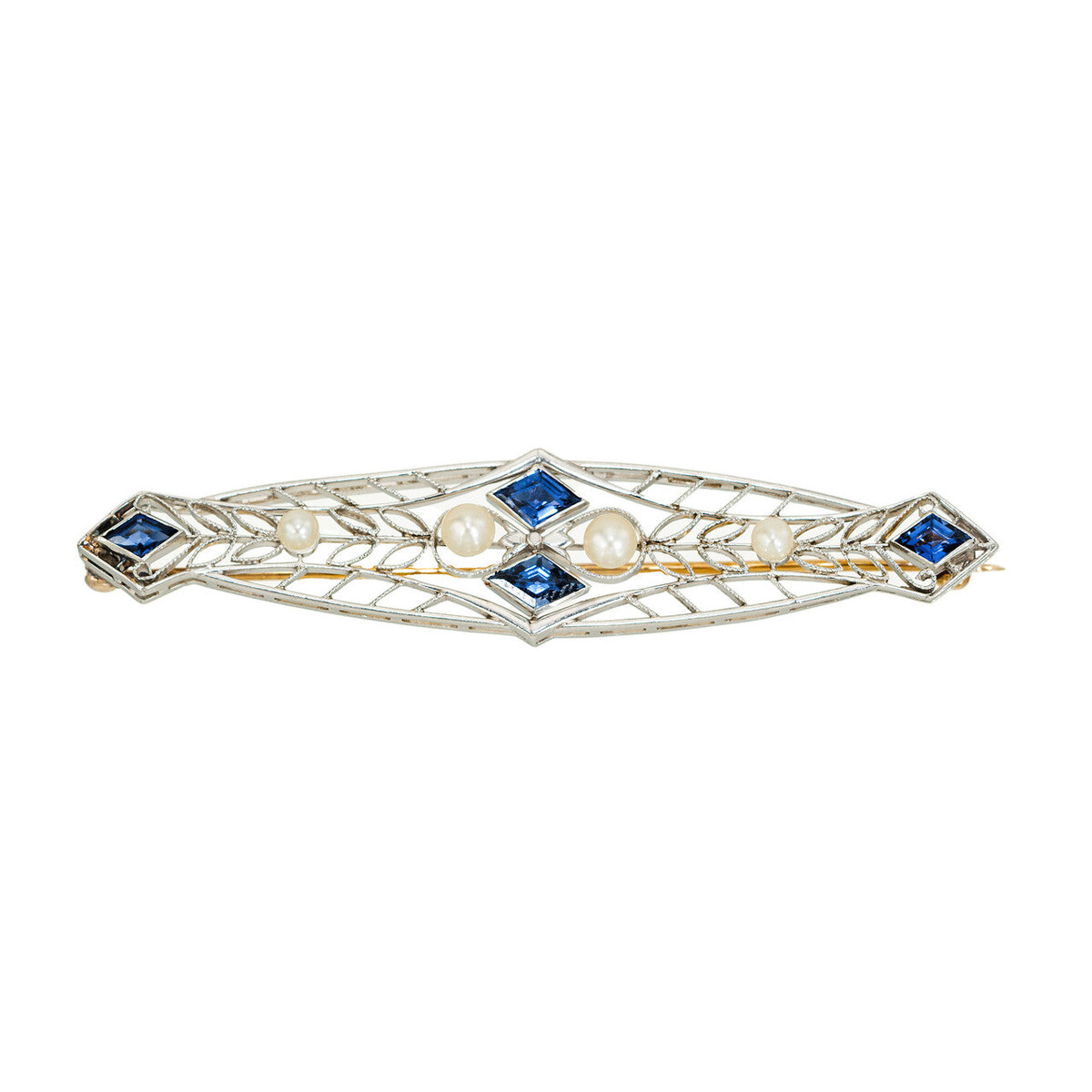 14k Yellow Gold Platinum Yogo Montana Deco Sapphire Pearl Cultured Vintage Pin