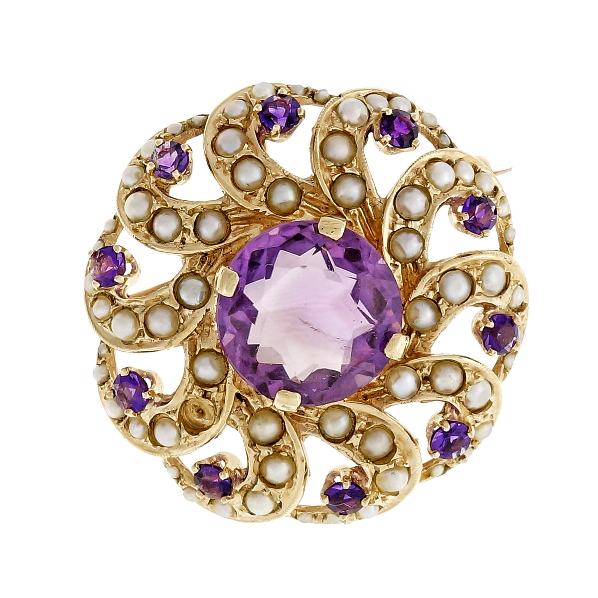 Vintage 1950 Open Swirl Circle Amethyst Seed Pearl 14k Yellow Gold Pin Pendant