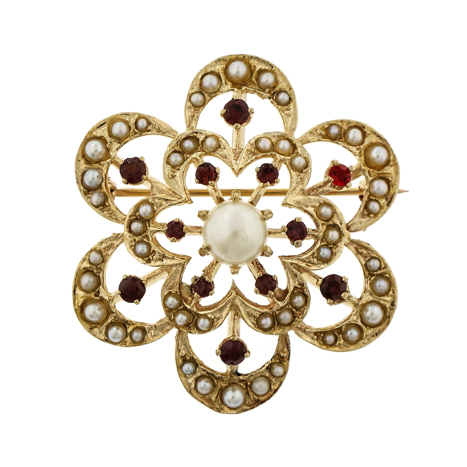 14K Yellow Gold Pearl Garnet Circle Flower Pin Pendant 