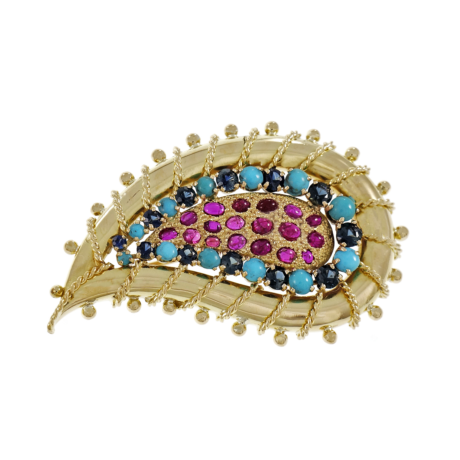 Yellow Gold  Ruby Turquoise Sapphire Vintage Pin 1950s 