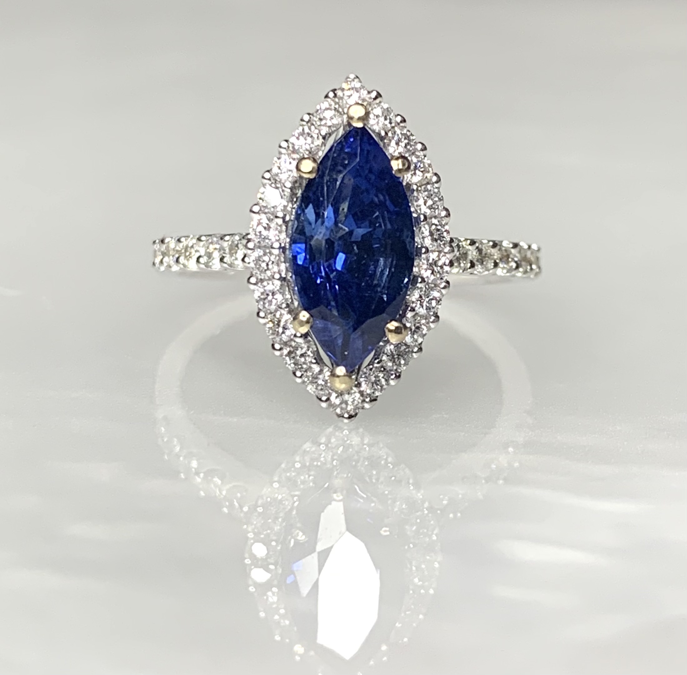 14K White Gold Marquise Cut Blue Sapphire Diamond Ring
