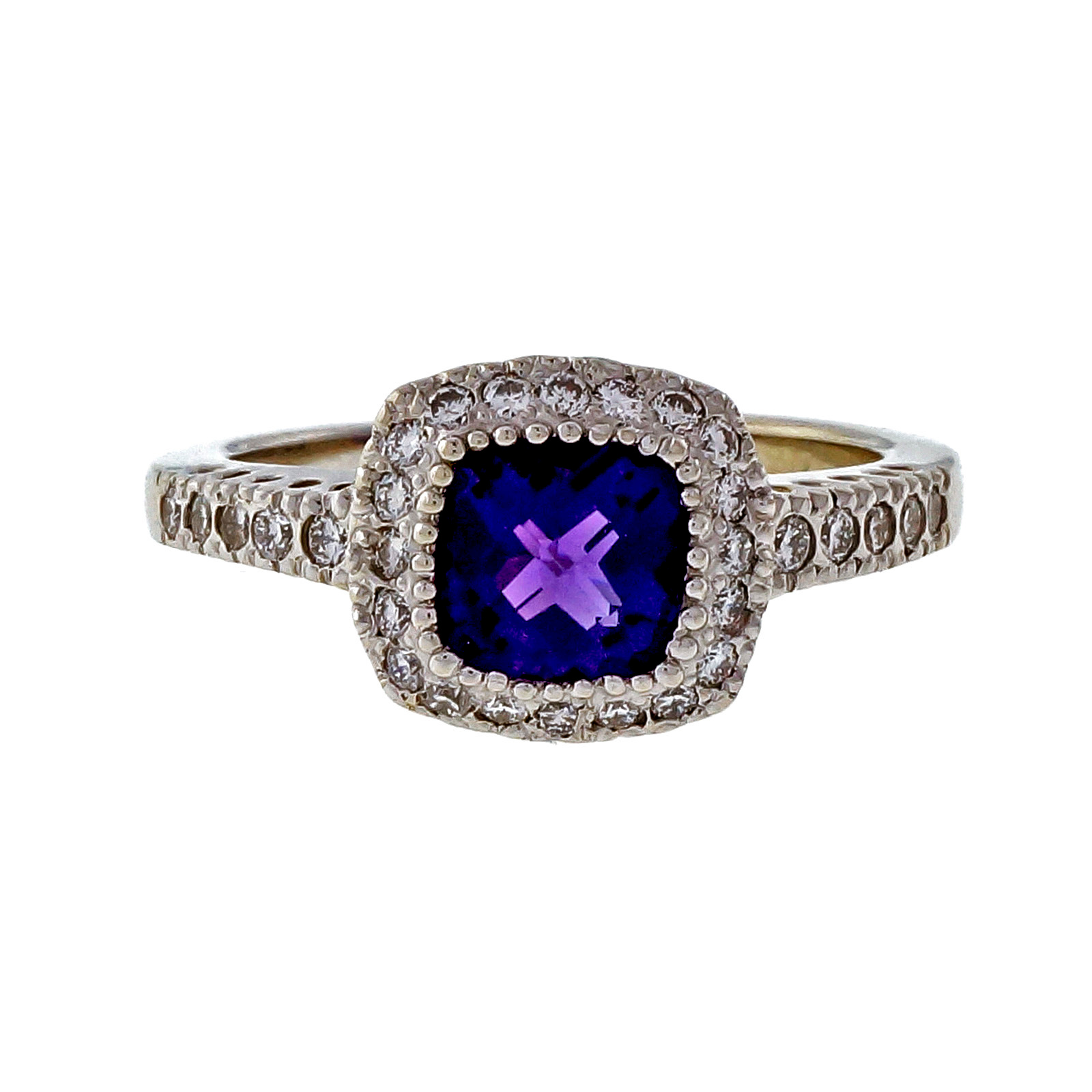 14k White Gold Checkerboard Amethyst 1.50ct Diamond Ring Size 6.5 