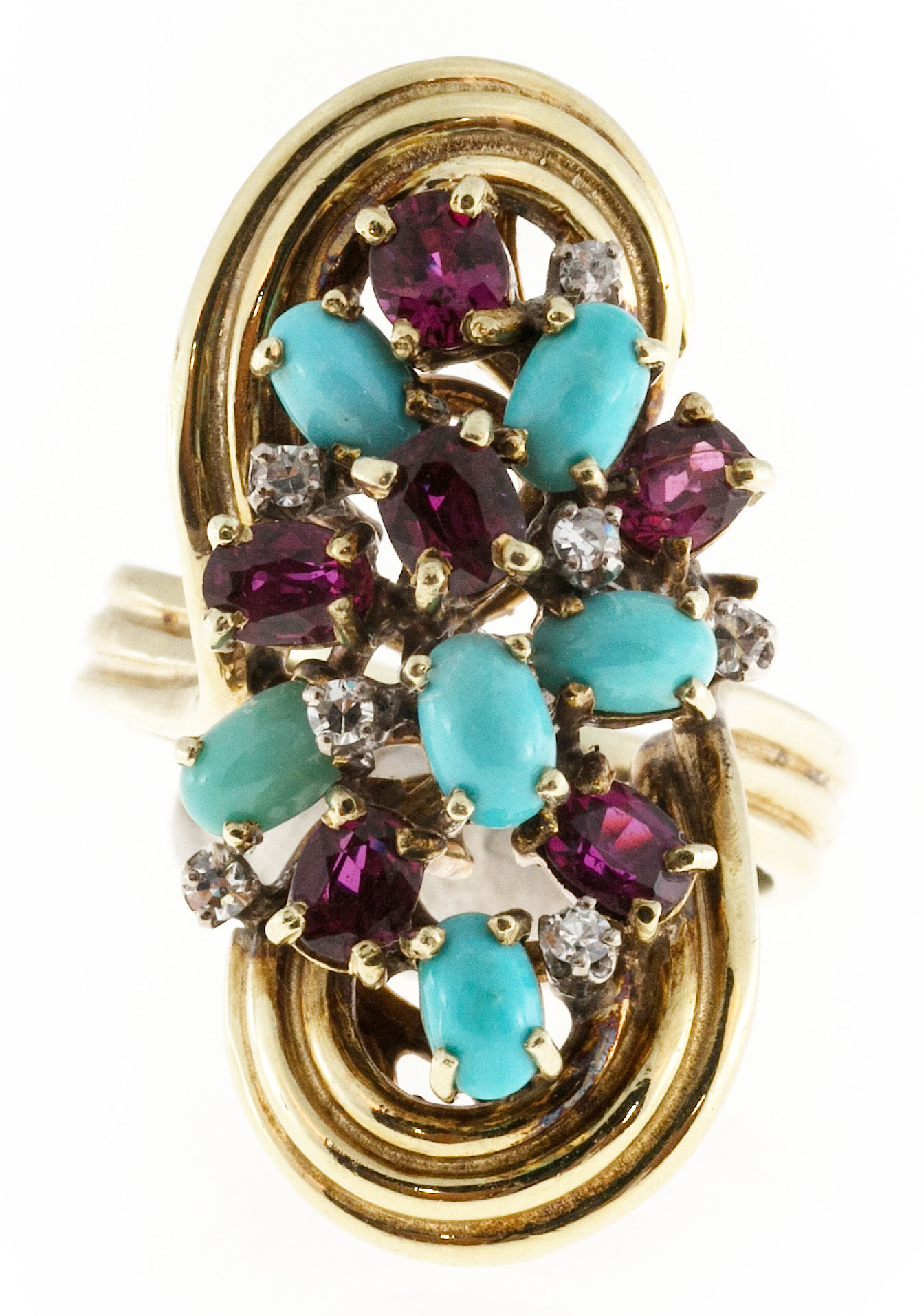 14K Yellow Gold 1.80ct Persian Turquoise with Ruby  Diamond Ring Size 7