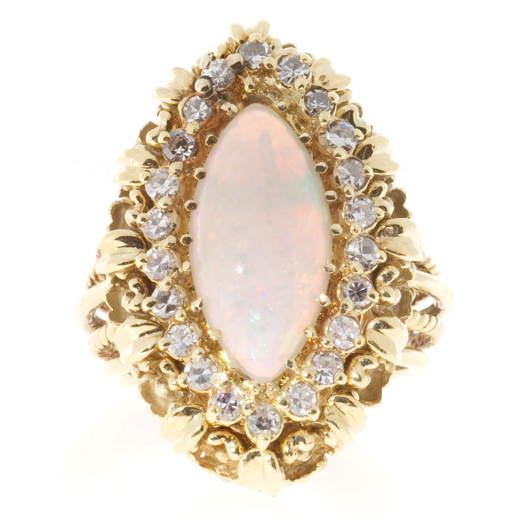 18K Yellow Gold with 3.50ct. Opal  0.66ct. Diamond Wire Work Ring Size 5.5