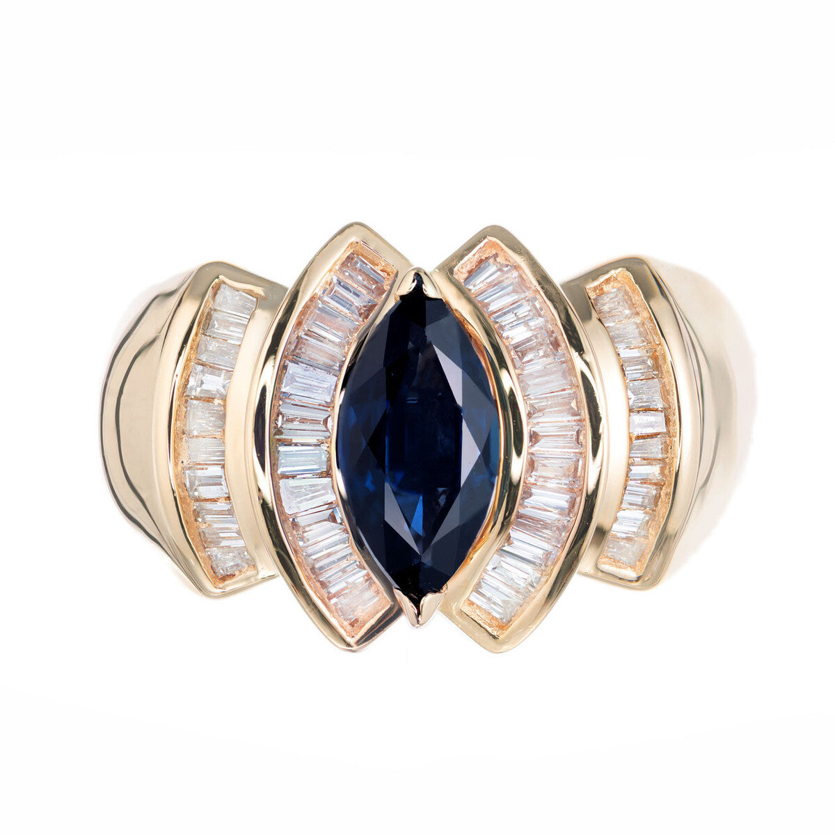 14K Yellow Gold 1960 Marquise Sapphire Baguette Diamond Ring Size 9.5