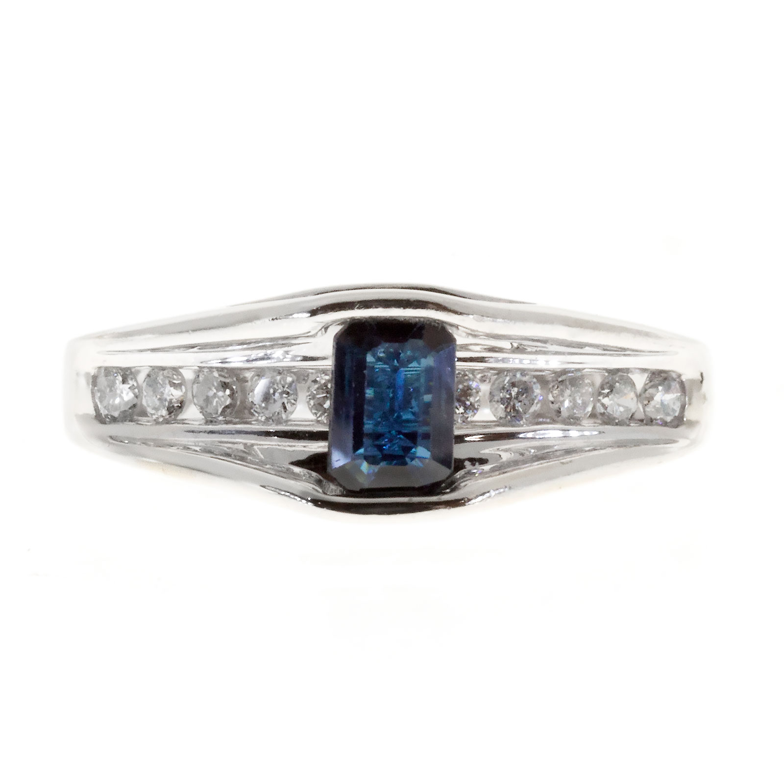 14K White Gold 0.80ct Blue Sapphire  White Channel Set Diamond Ring Size 7