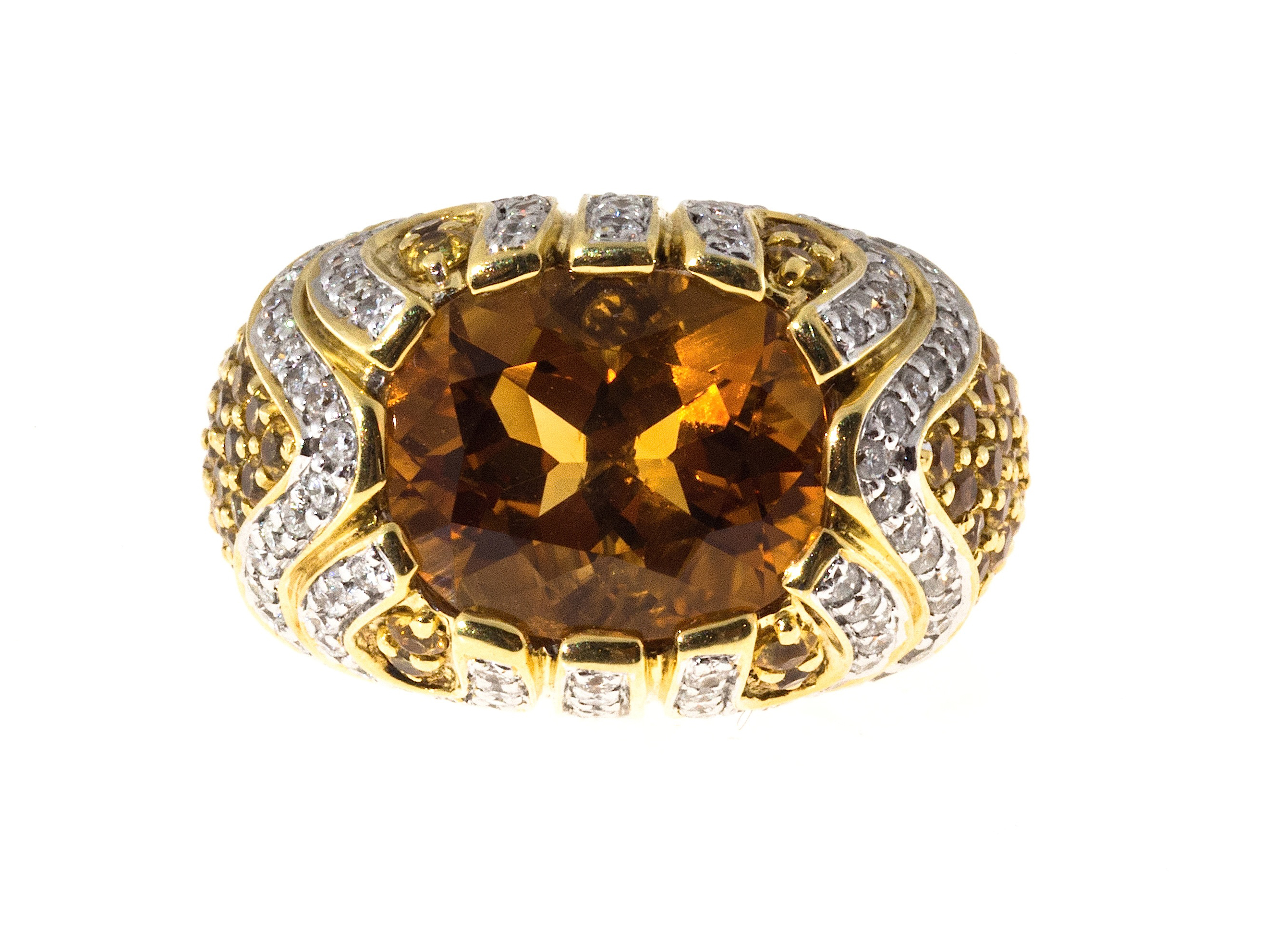 18K Yellow  White Gold 1.50cts Orange Citrine Sapphires  Diamond Raised Dome Ariel Ring Size 6.75