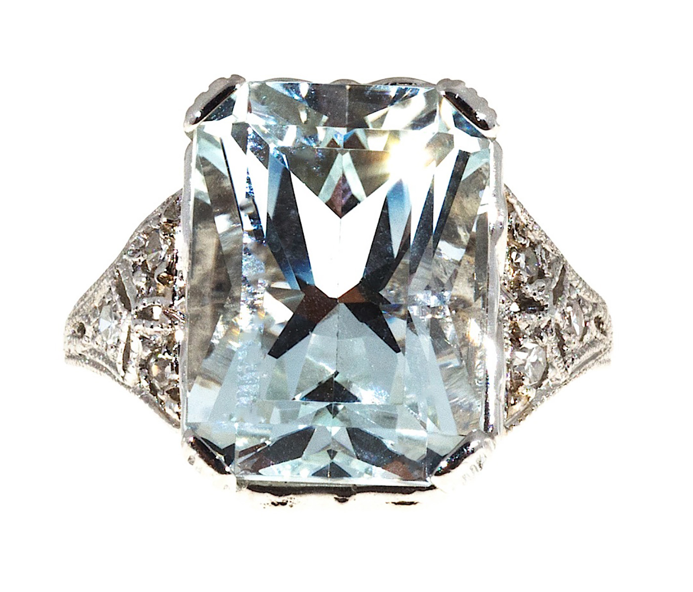 Platinum 8.17ct Aquamarine  Diamond Filigree Ring Size 7