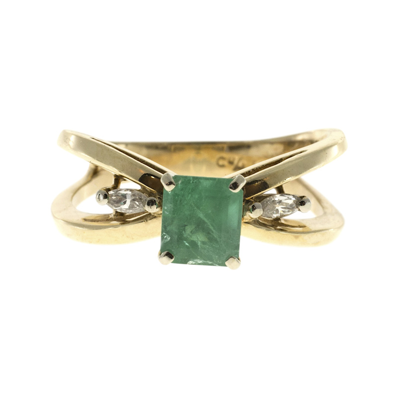 Vintage 14K Yellow Gold Emerald  0.12ct Diamond 'X' Design Ring Size 6.25