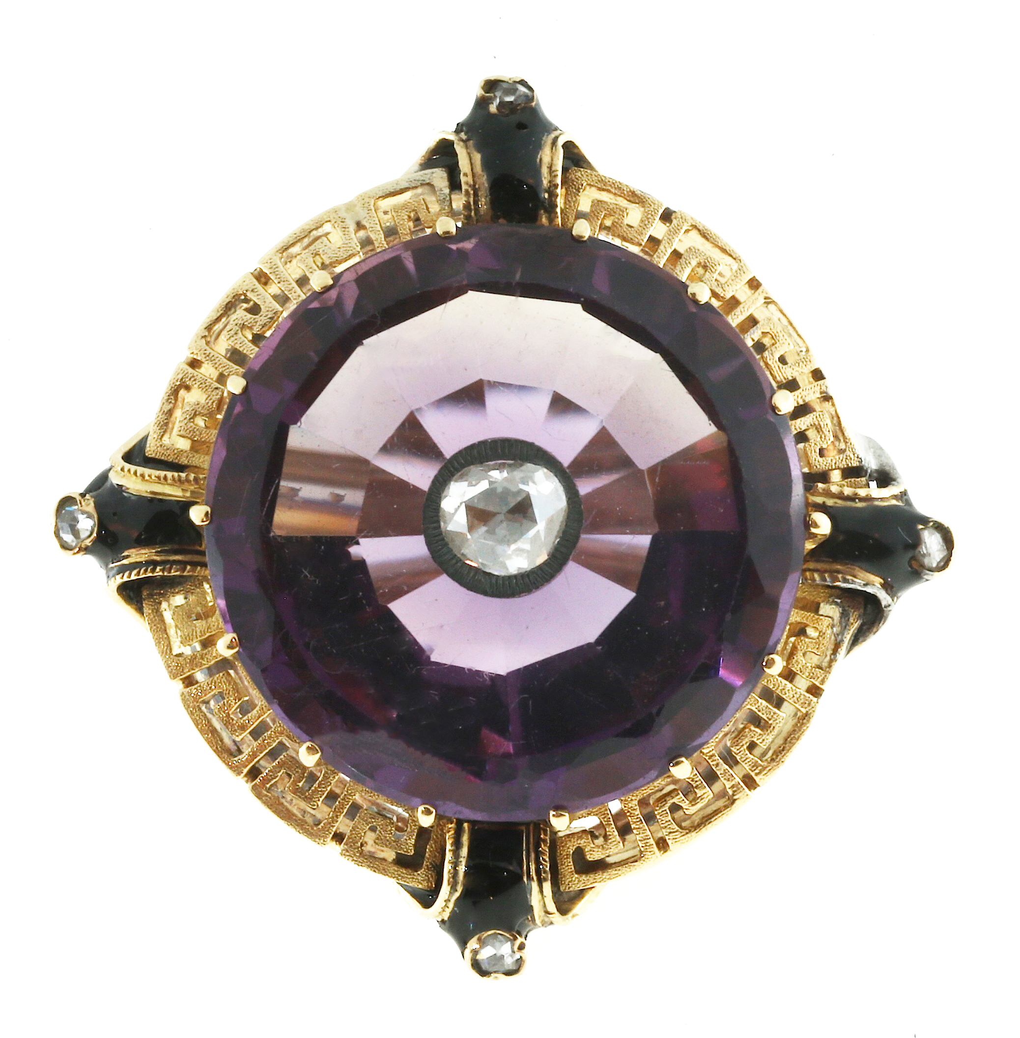 Vintage 14K Yellow Gold and Black Enamel Flat Top Amethyst and Rose Cut Diamond Ring Size 5.50