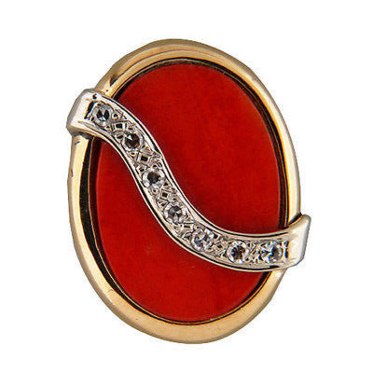 Vintage Oval Salmon Coral 17.5 X 12.5mm 14K Ring Swirl of Single Cut Diamonds