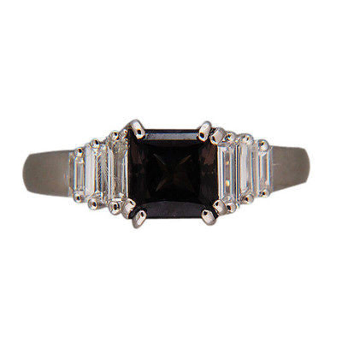 Vintage Platinum with 1.41 Ct Brownish Green Sapphire and Straight Baguette Diamond Ring Size 6