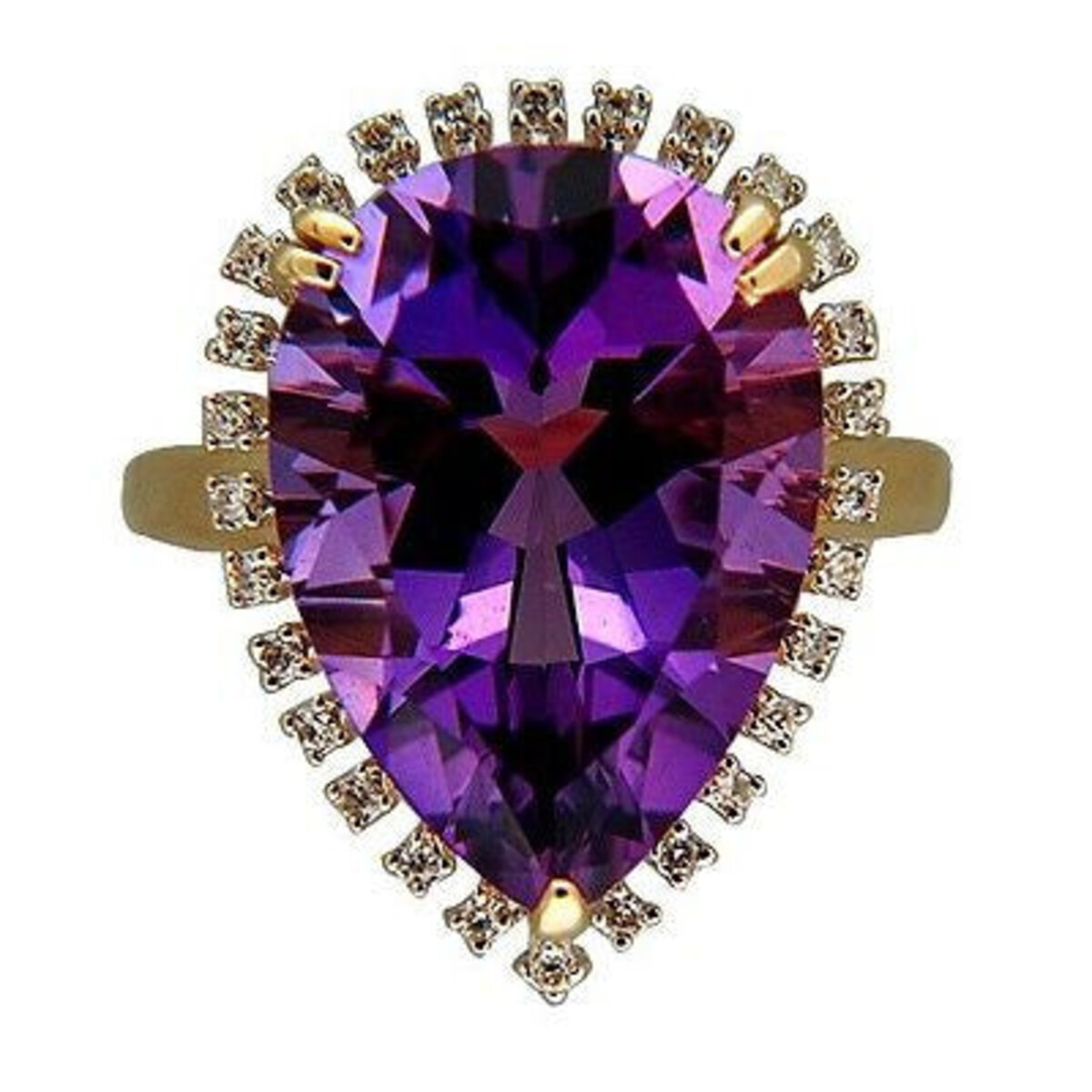 Vintage 7.0 Ct Pear Shape Amethyst 28 Single Cut Diamond Surround 14K Gold Ring