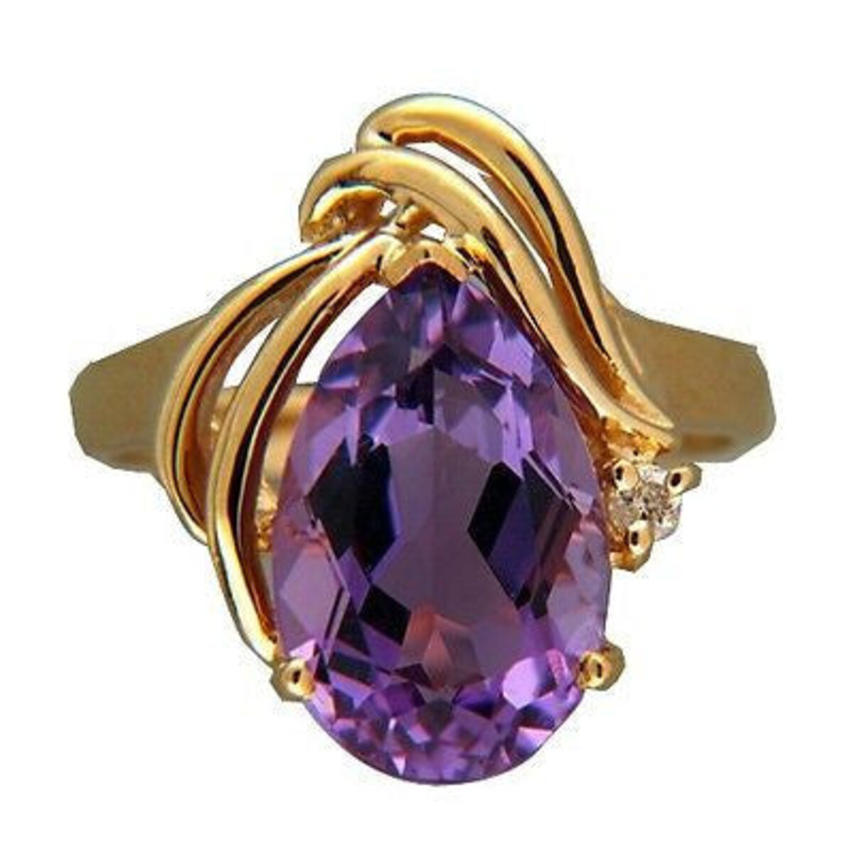 Vintage Pear Shape 4.29 Ct Amethyst 14K Yellow Gold Swirl Full Cut Diamond Ring