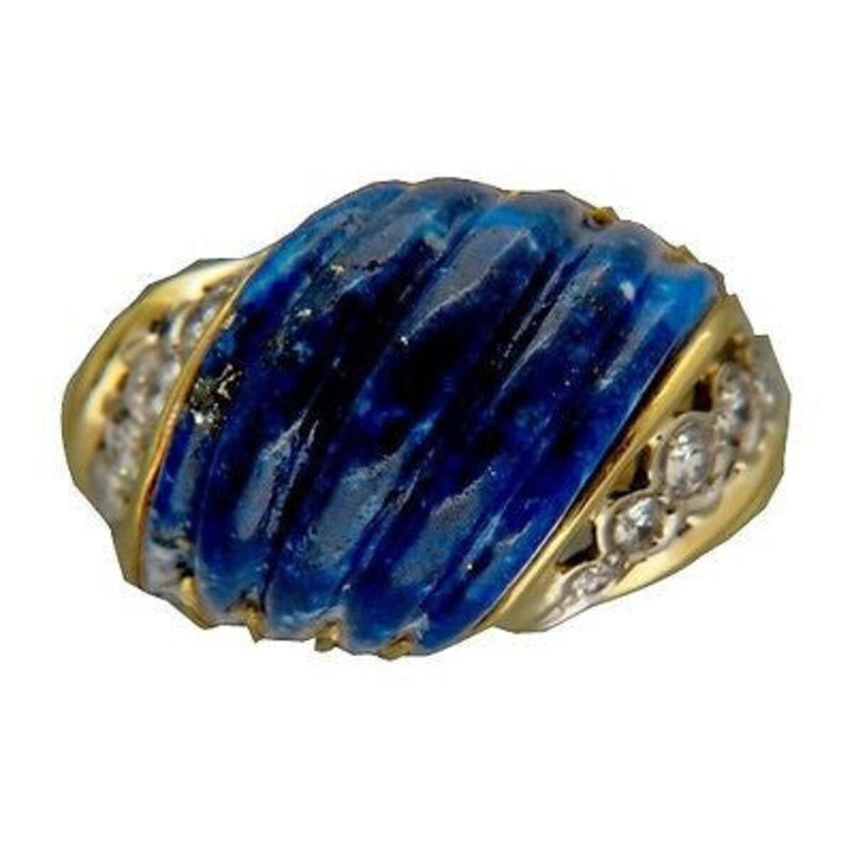 Vintage Large Untreated Carved Blue Lapis Large 18K 2 Tone Gold 10 Diamond Ring