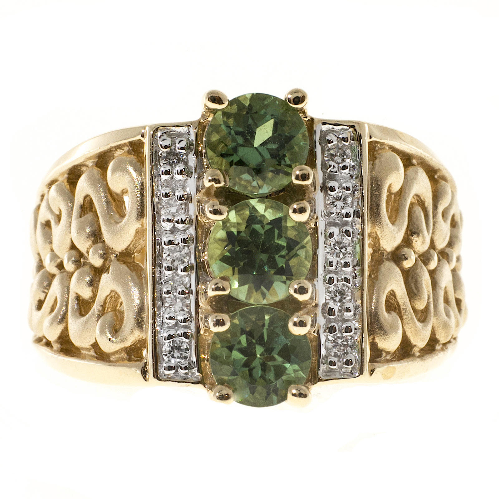 Vintage 14K Yellow Gold with 1.30ct Green Tourmaline  0.10ct Diamond Ring Size 8
