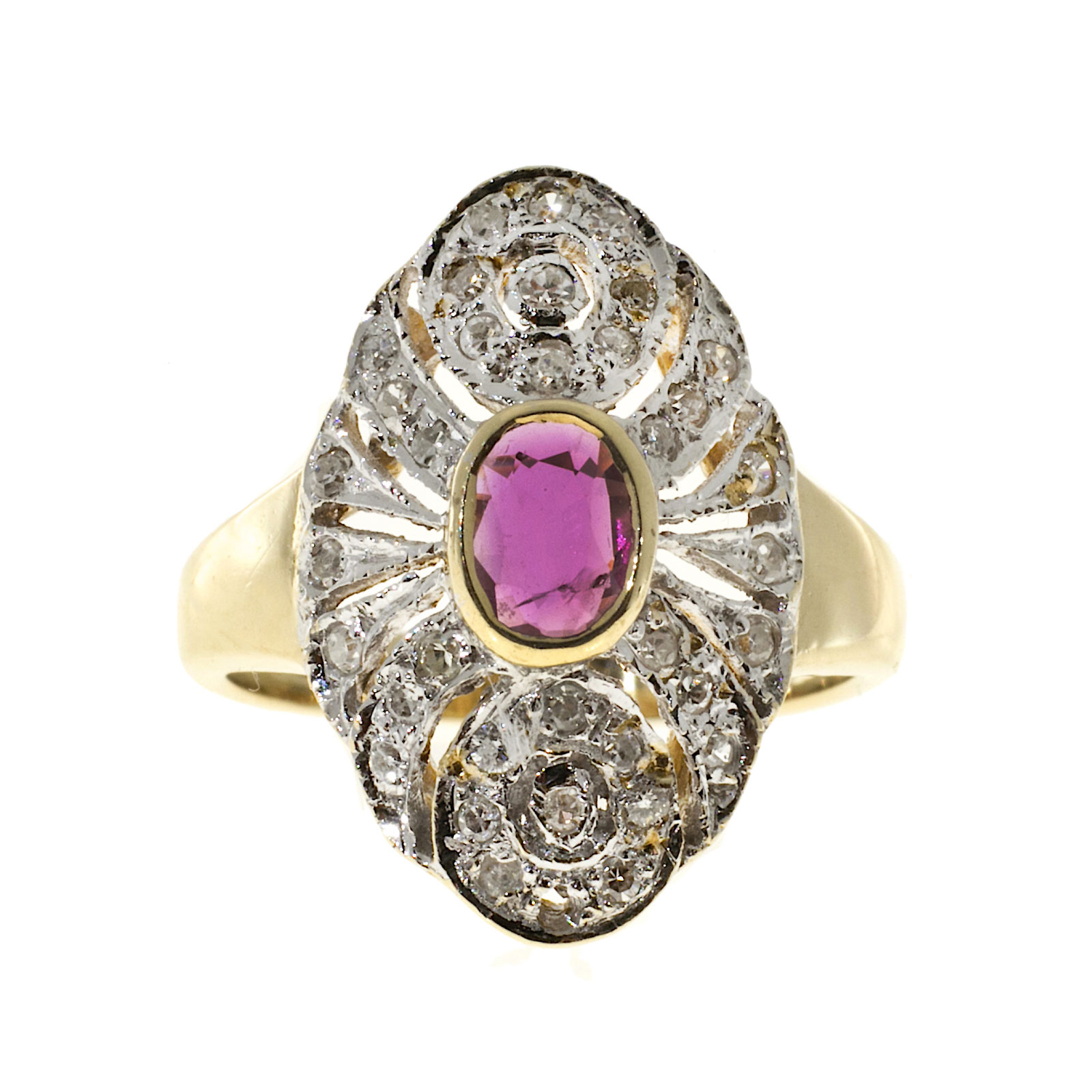 14K Yellow  White Gold 0.35ct Ruby  0.20ct Pave Set Diamond Ring Size 2.75