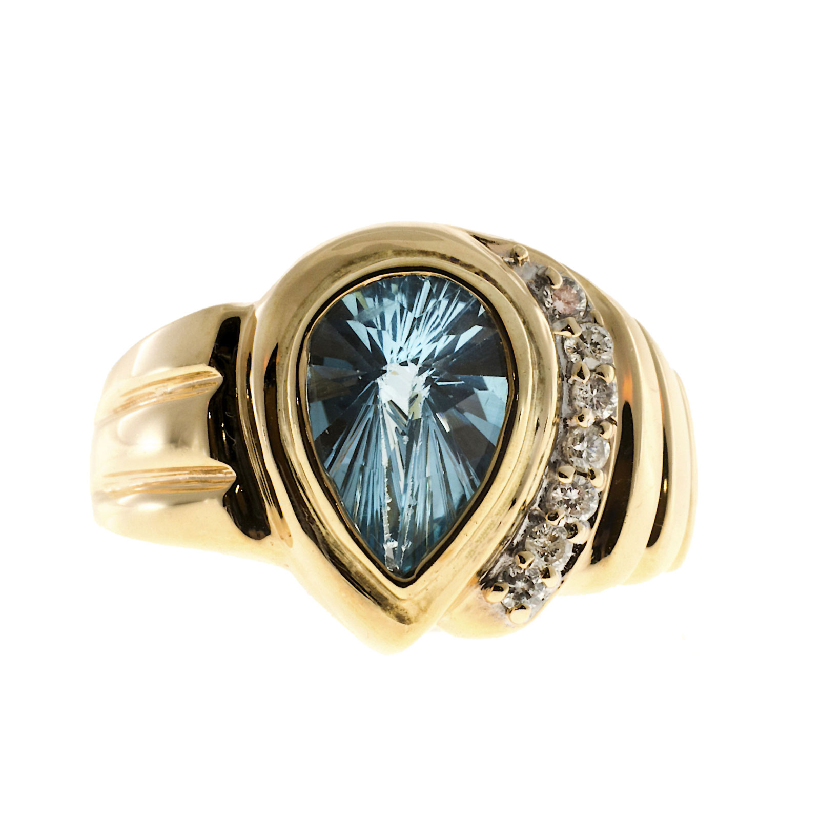 Vintage 14K Yellow Gold with 2.25ct Pear Sky Blue Topaz  0.10ct Diamond Swirl Ring Size 7