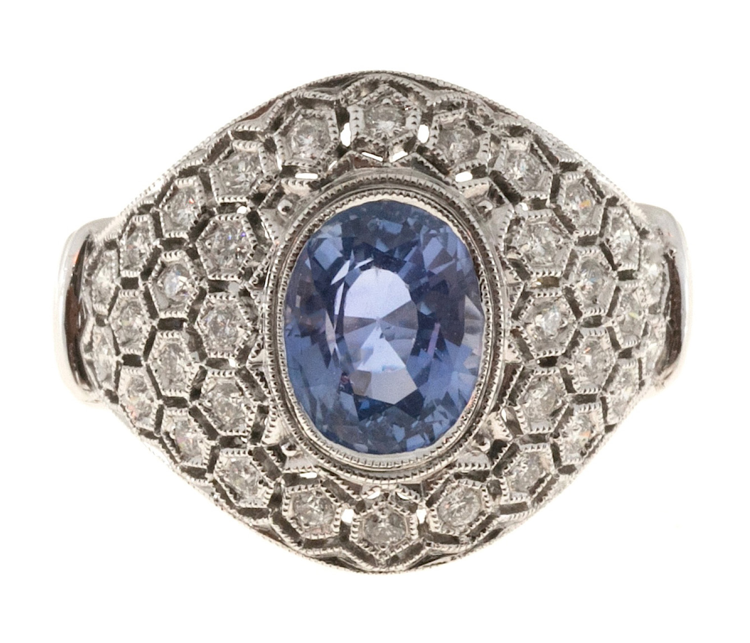 Vintage 18K White Gold with 2.18ct Periwinkle Blue Sapphire  Diamond Ring Size 7
