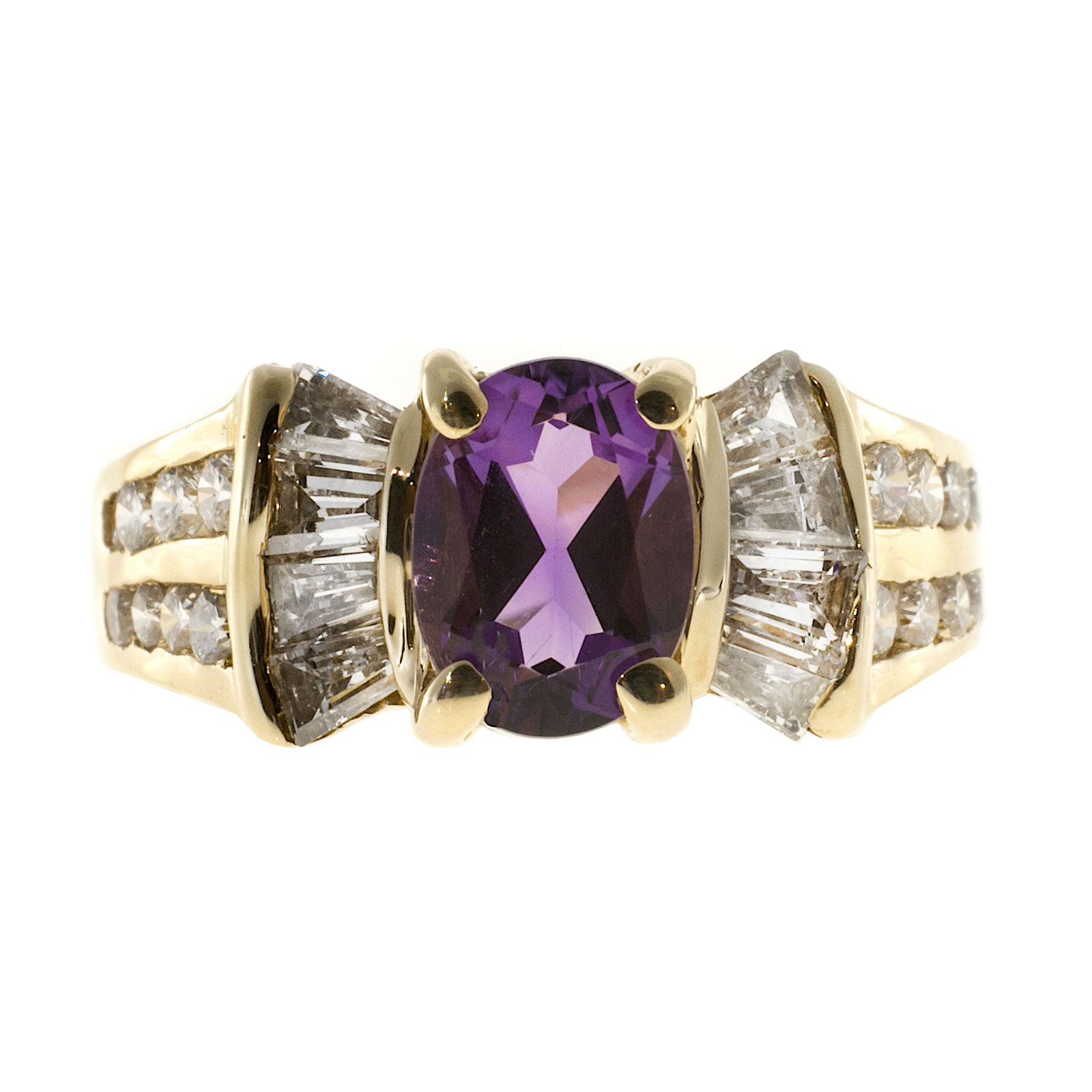 Vintage 14K Yellow Gold 1.25ct Oval Amethyst  0.49ct Baguette Round Diamond Ring Size 7.25