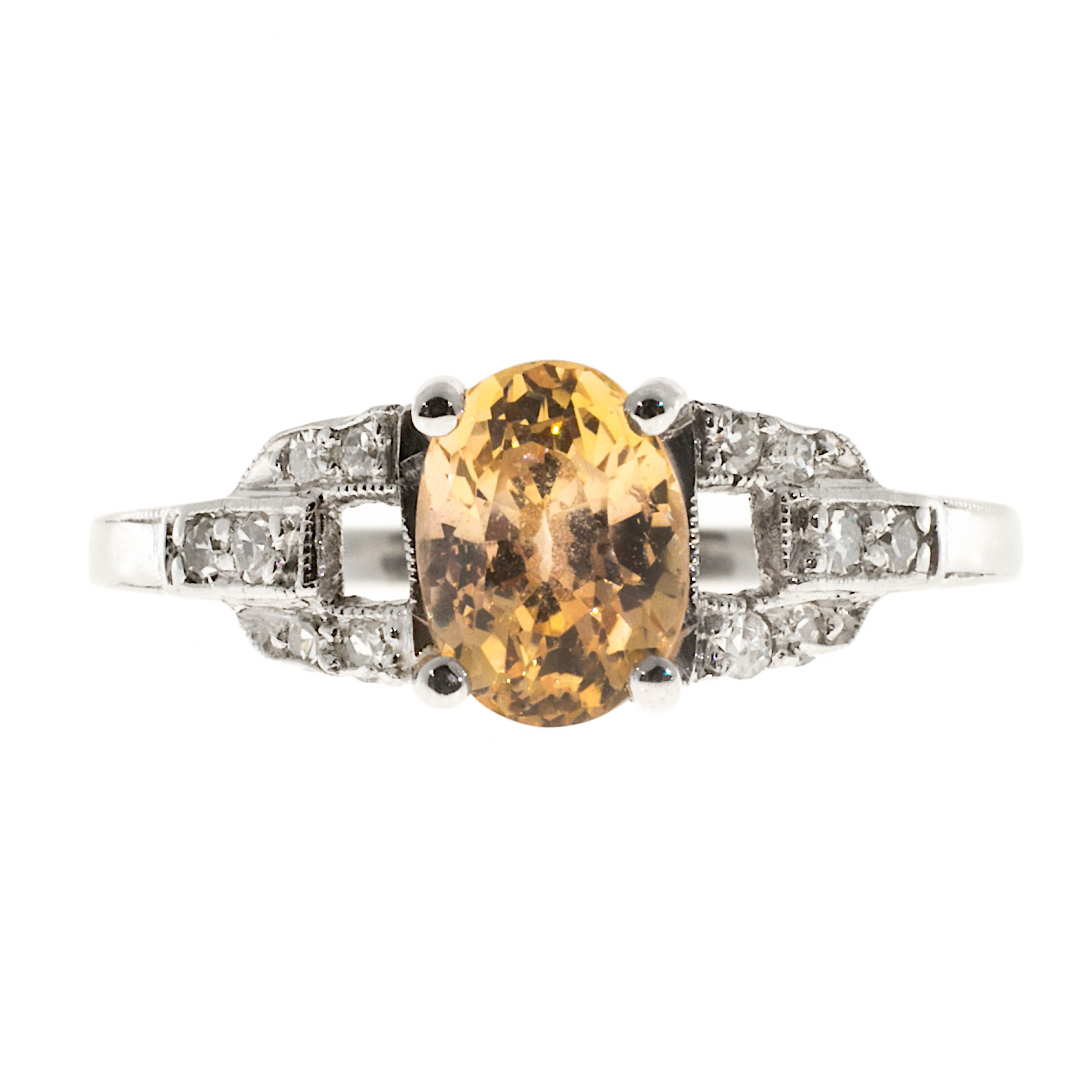 Vintage Platinum with 1.21ct Light Yellow Orange  Sapphire Deco Diamond Ring Size 5.75