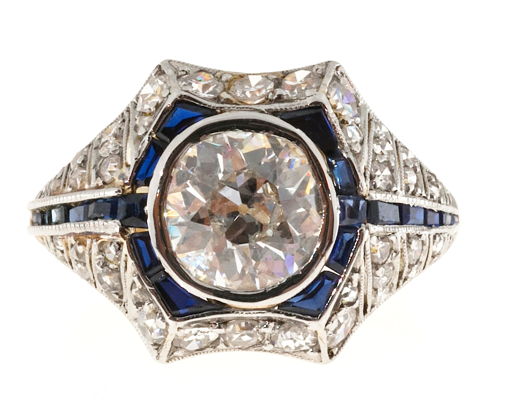 18K Yellow Gold  Platinum 1.95ct Diamond  Sapphire Ring Size 6.25