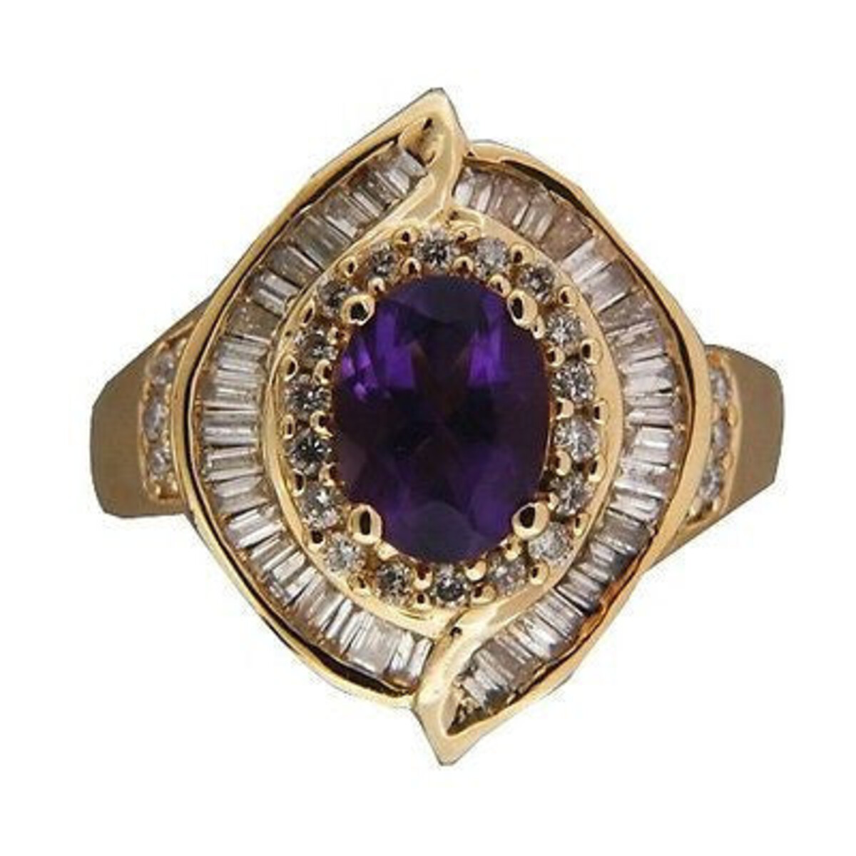 Vintage Style 1.25 Ct Oval Amethyst .50 Ct Baguette .30 Ct Round Diamond 14K Ring