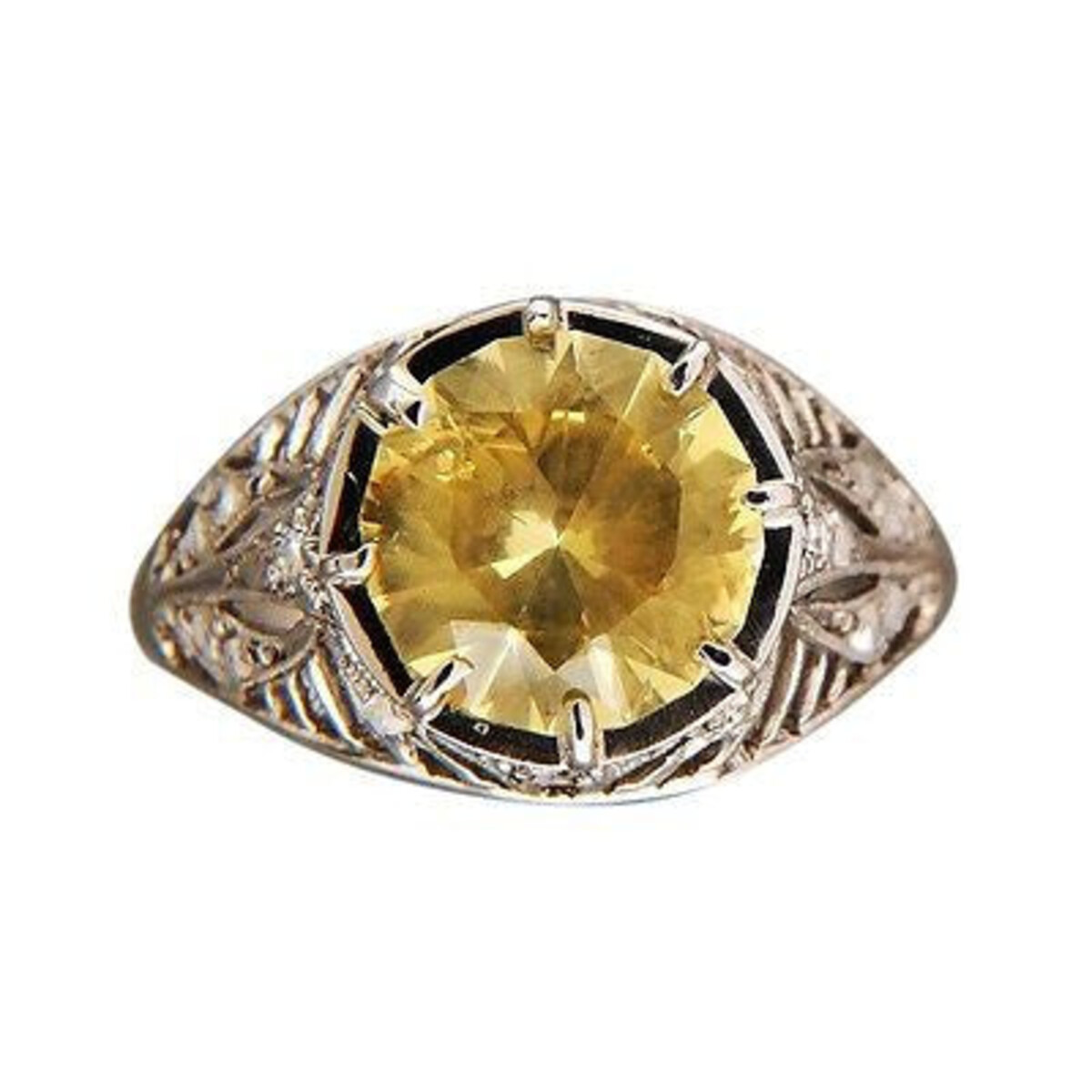 Vintage 2.43 Ct Round Whispy Yellow Sapphire Platinum Art Deco Diamond Ring