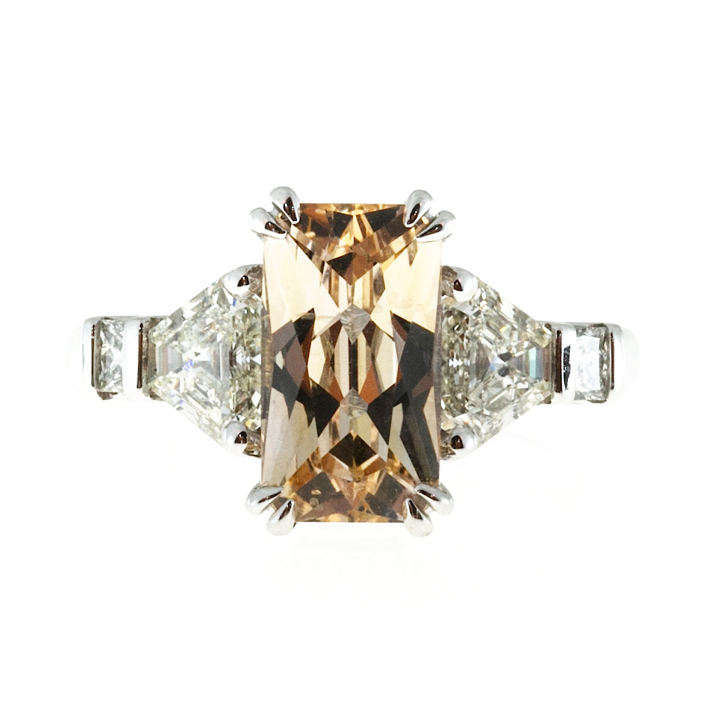 Vintage Orange Yellow Sapphire  Trapezoid Diamond Platinum Ring Size 6.5