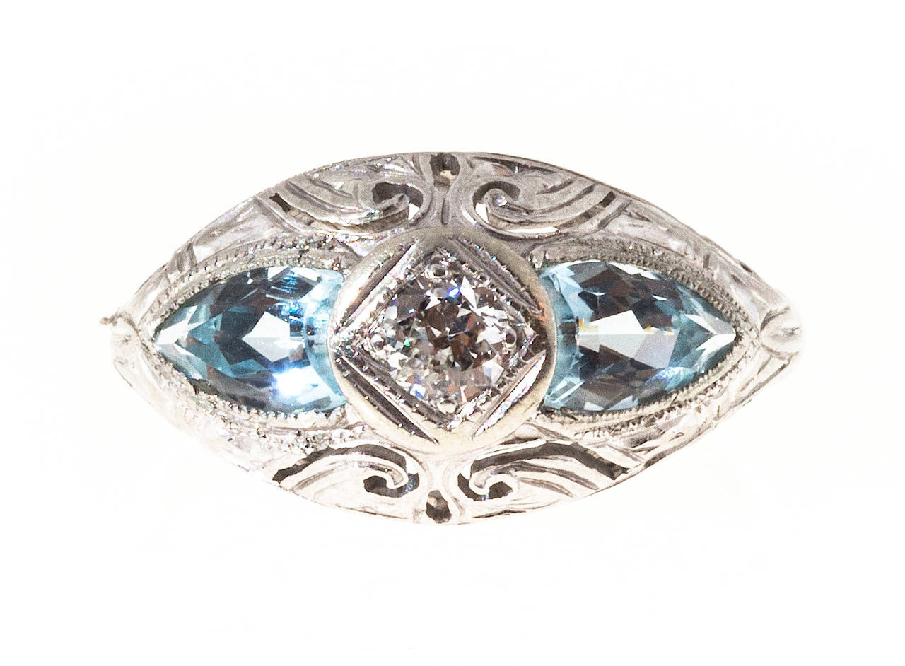 14k White Gold Art Deco Diamond and Aquamarine Vintage Ring Size 5