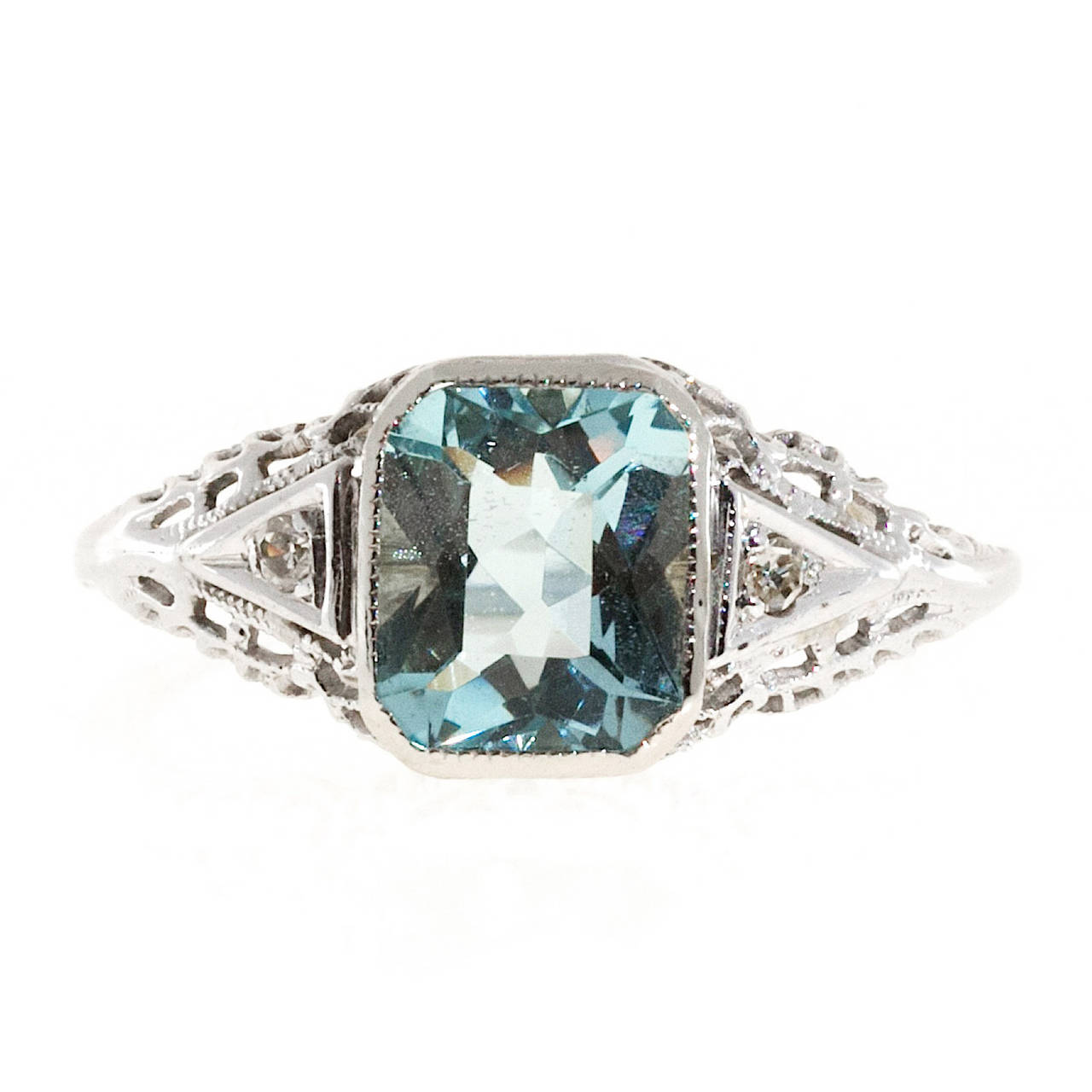 Art Deco 14K White Gold 1.58ct Aqua  Diamond 0.02ct Filigree Ring Size 7.25
